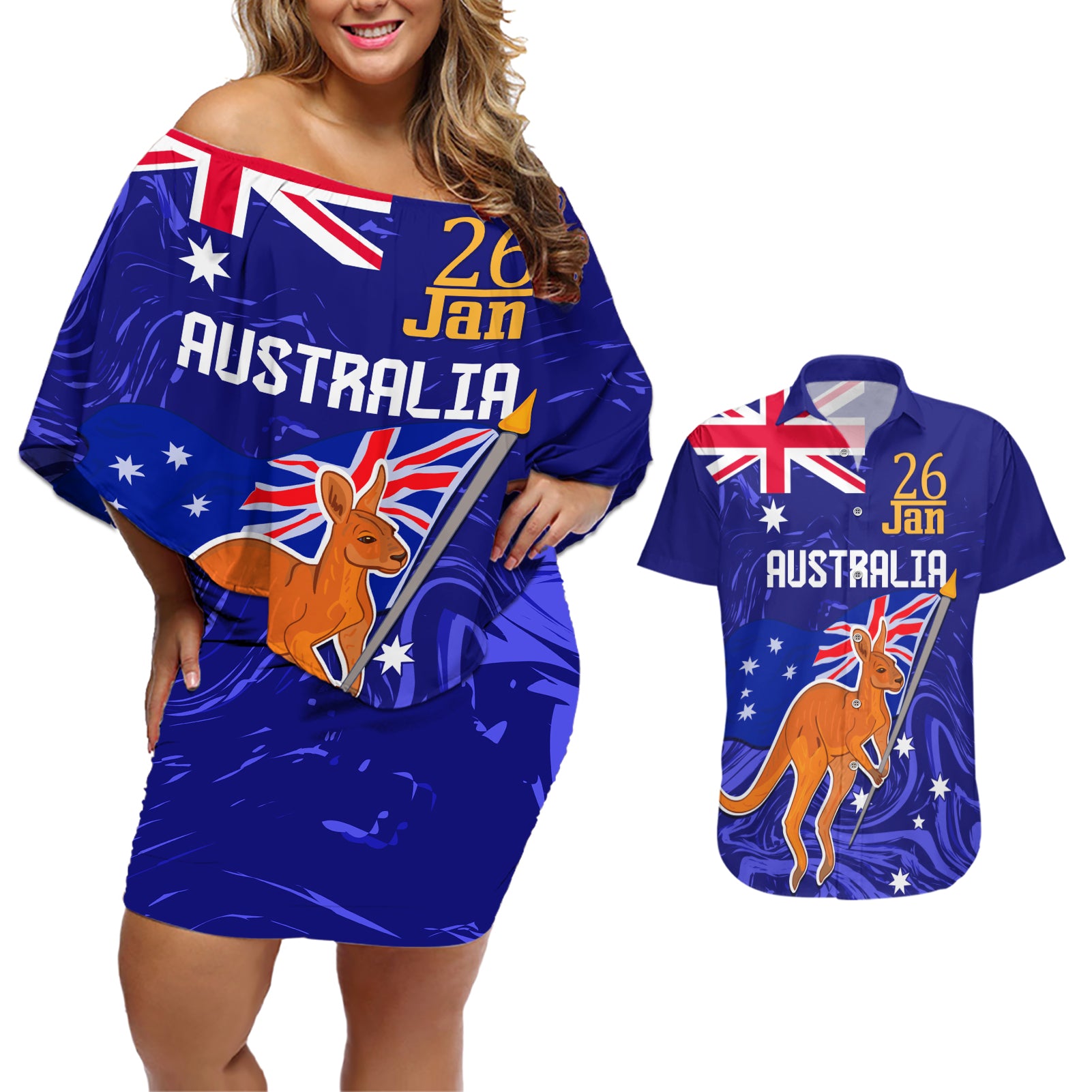 Proud To Be Australia Day Couples Matching Off Shoulder Short Dress and Hawaiian Shirt Kangaroo with Flag Color