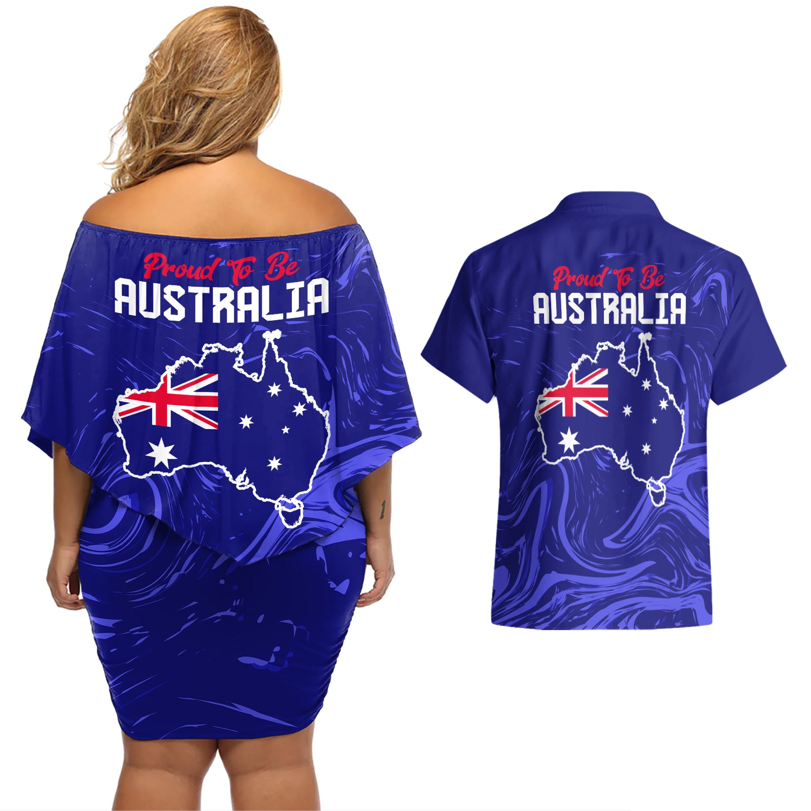 Proud To Be Australia Day Couples Matching Off Shoulder Short Dress and Hawaiian Shirt Kangaroo with Flag Color