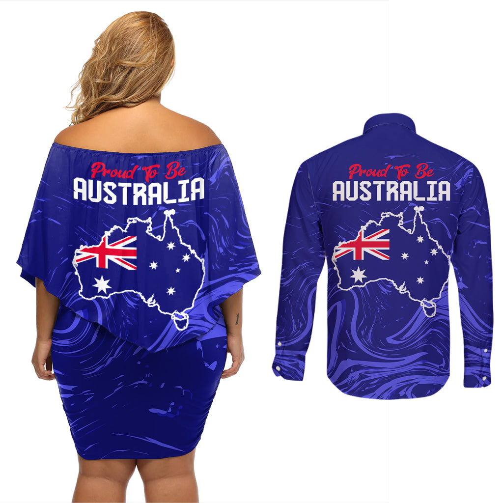 Proud To Be Australia Day Couples Matching Off Shoulder Short Dress and Long Sleeve Button Shirt Kangaroo with Flag Color