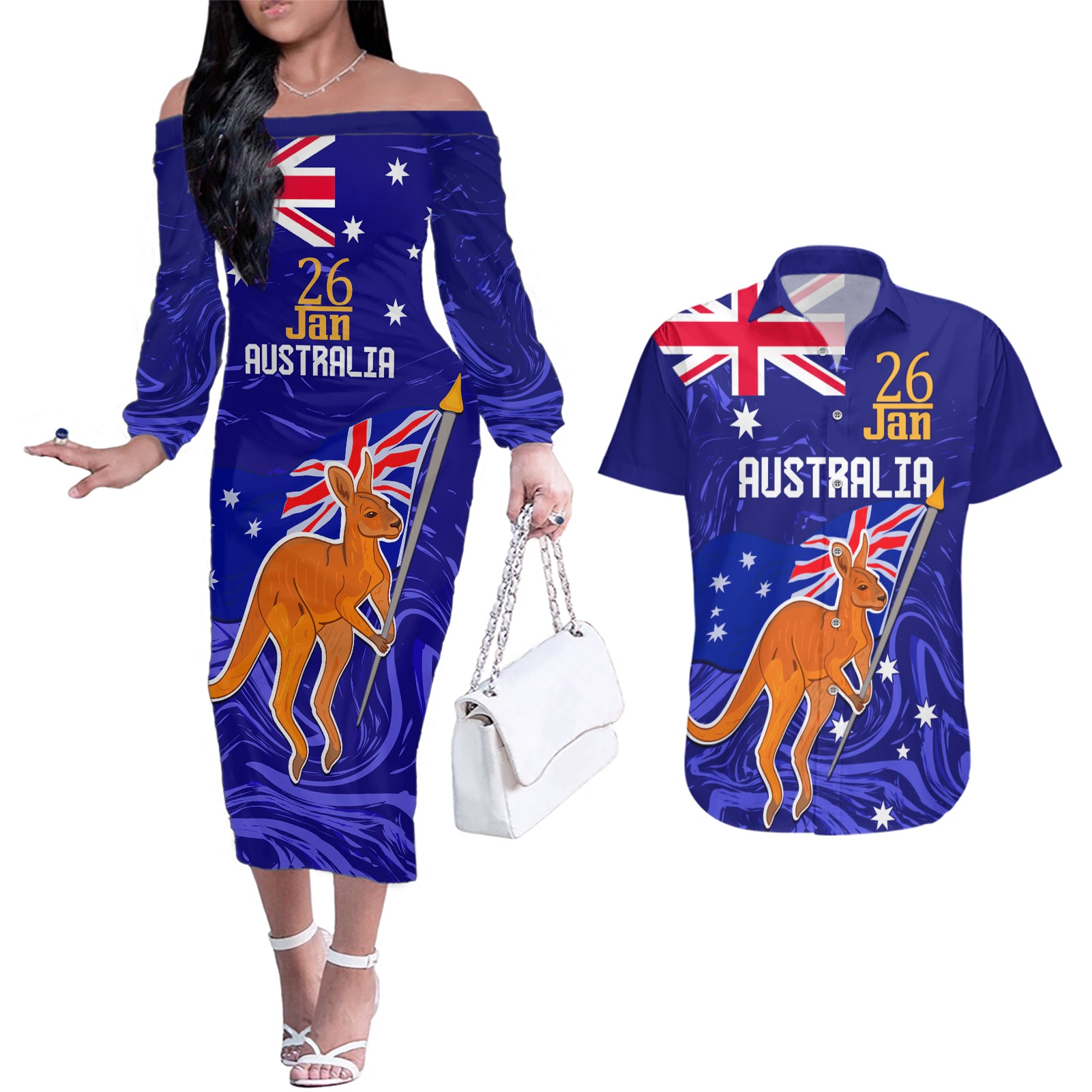 Proud To Be Australia Day Couples Matching Off The Shoulder Long Sleeve Dress and Hawaiian Shirt Kangaroo with Flag Color