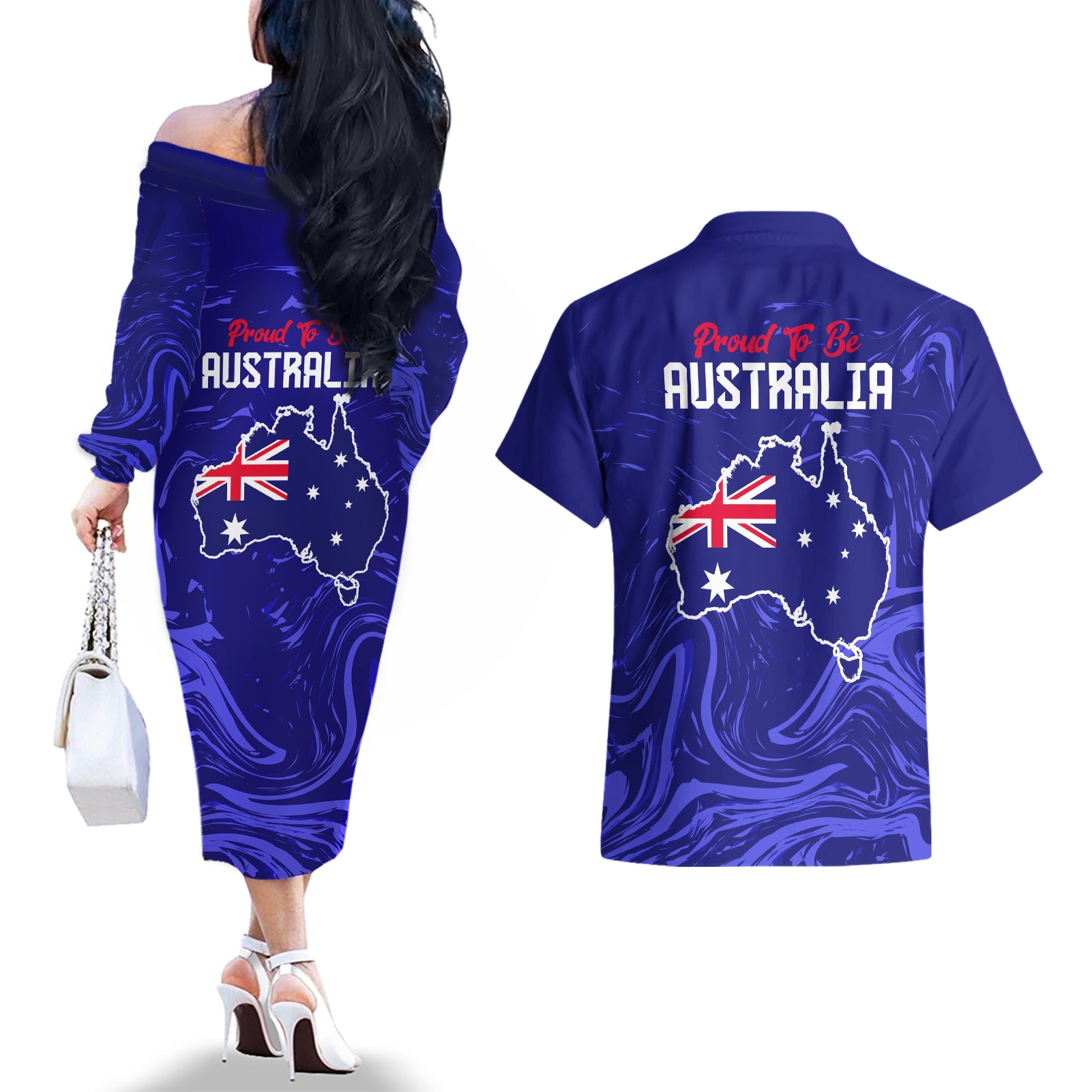 Proud To Be Australia Day Couples Matching Off The Shoulder Long Sleeve Dress and Hawaiian Shirt Kangaroo with Flag Color