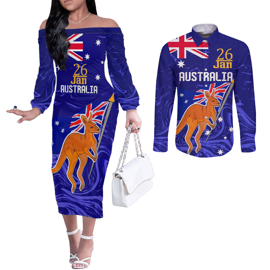 Proud To Be Australia Day Couples Matching Off The Shoulder Long Sleeve Dress and Long Sleeve Button Shirt Kangaroo with Flag Color