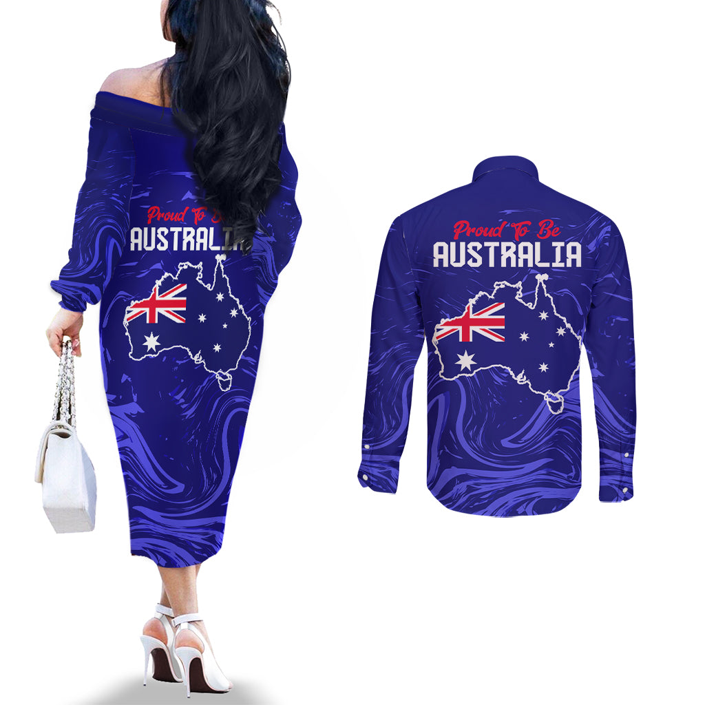 Proud To Be Australia Day Couples Matching Off The Shoulder Long Sleeve Dress and Long Sleeve Button Shirt Kangaroo with Flag Color