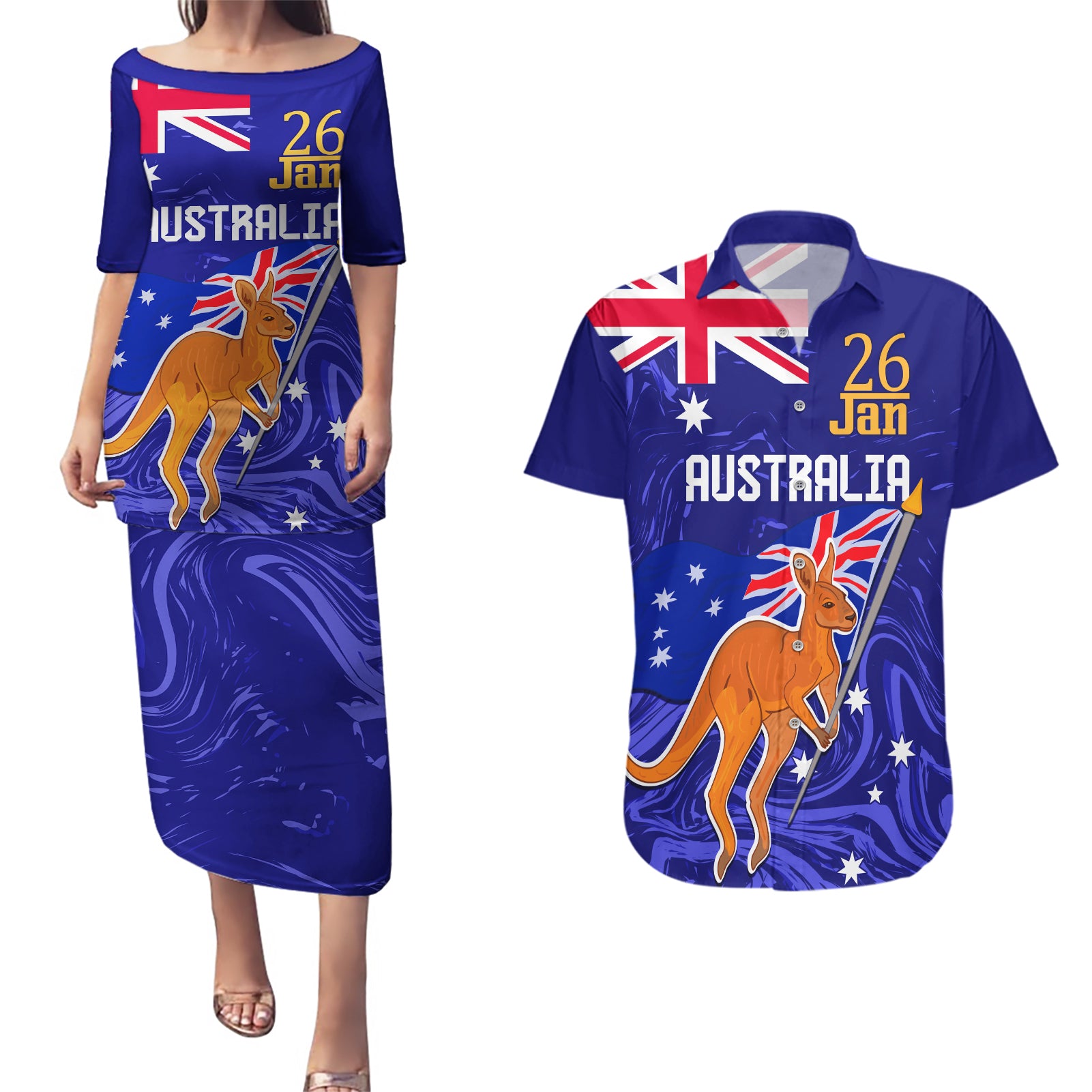 Proud To Be Australia Day Couples Matching Puletasi and Hawaiian Shirt Kangaroo with Flag Color