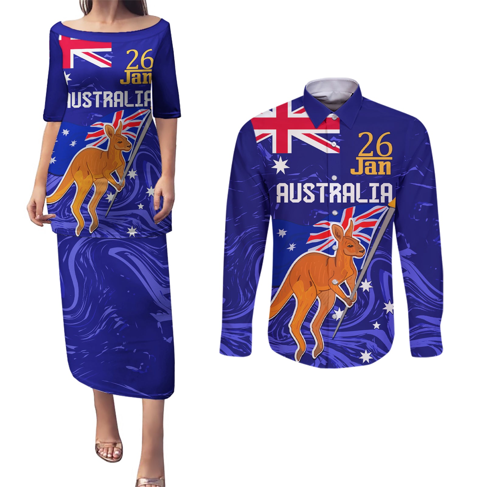 Proud To Be Australia Day Couples Matching Puletasi and Long Sleeve Button Shirt Kangaroo with Flag Color