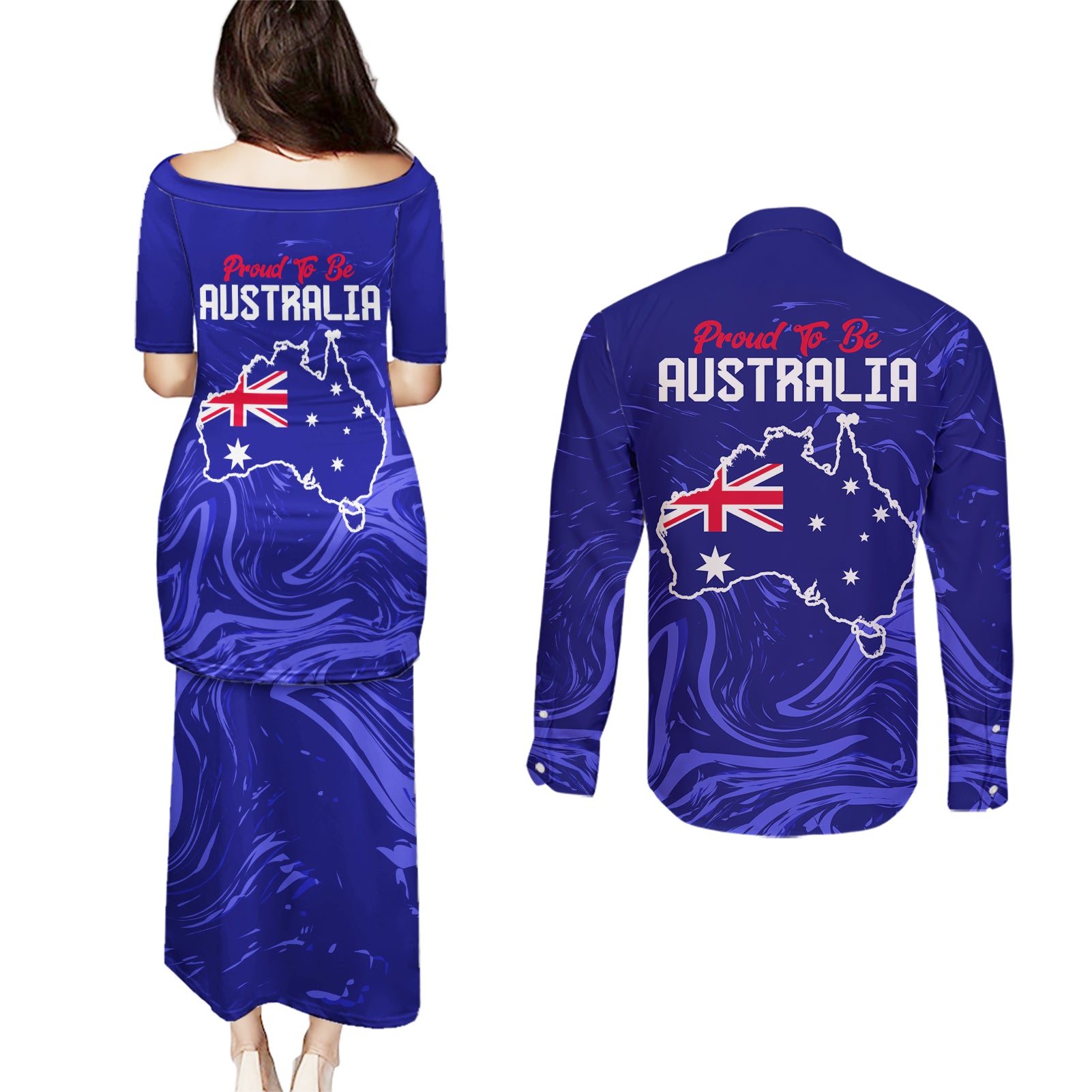 Proud To Be Australia Day Couples Matching Puletasi and Long Sleeve Button Shirt Kangaroo with Flag Color