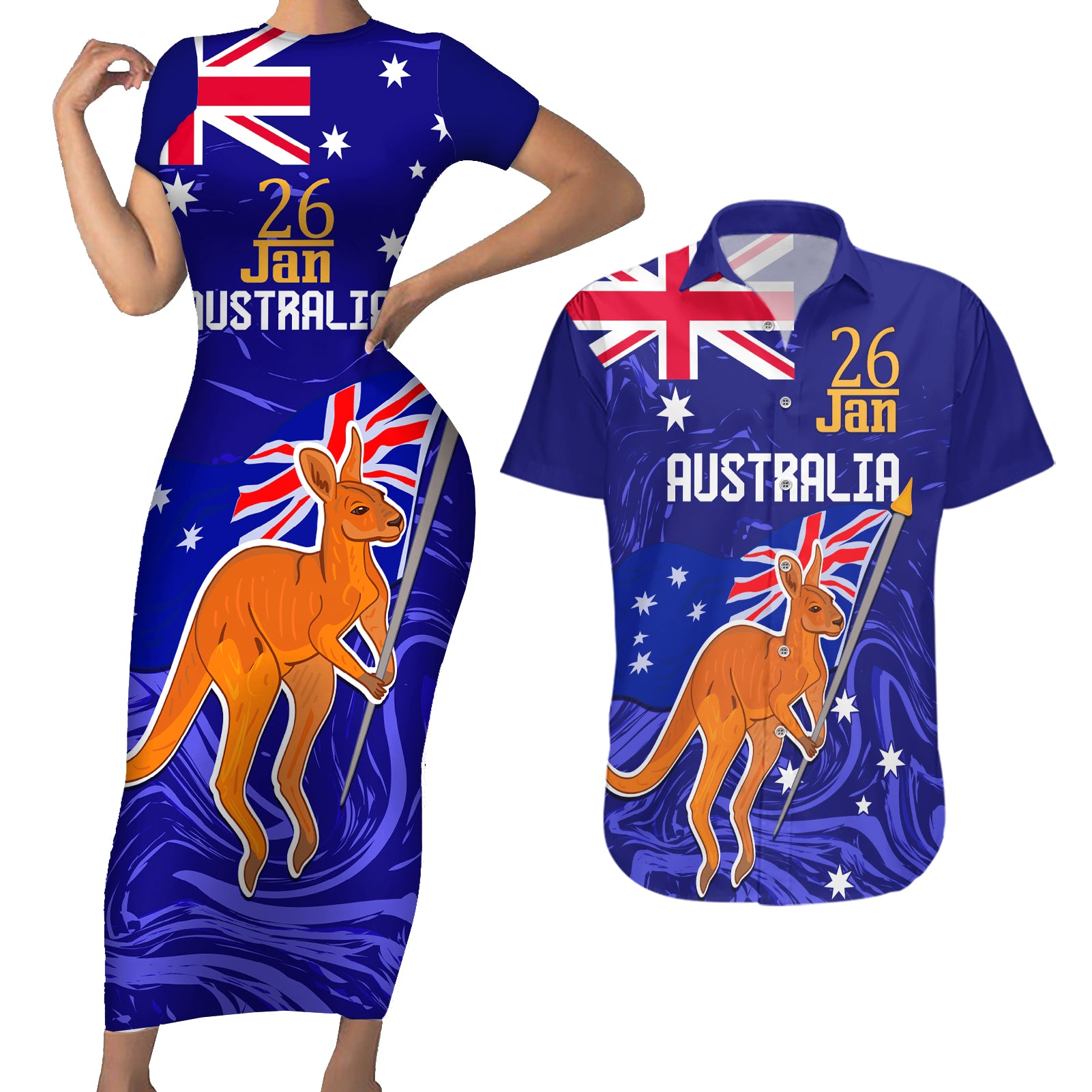 Proud To Be Australia Day Couples Matching Short Sleeve Bodycon Dress and Hawaiian Shirt Kangaroo with Flag Color