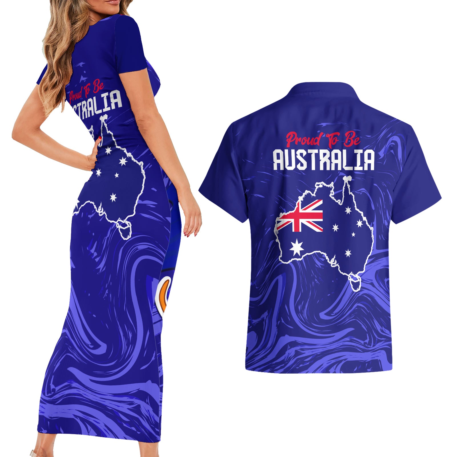 Proud To Be Australia Day Couples Matching Short Sleeve Bodycon Dress and Hawaiian Shirt Kangaroo with Flag Color