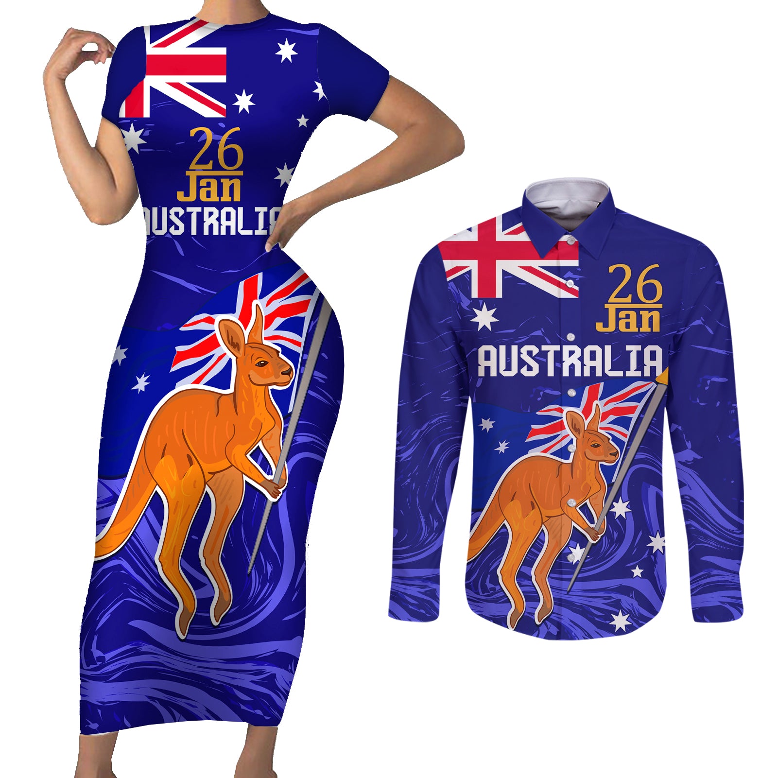 Proud To Be Australia Day Couples Matching Short Sleeve Bodycon Dress and Long Sleeve Button Shirt Kangaroo with Flag Color