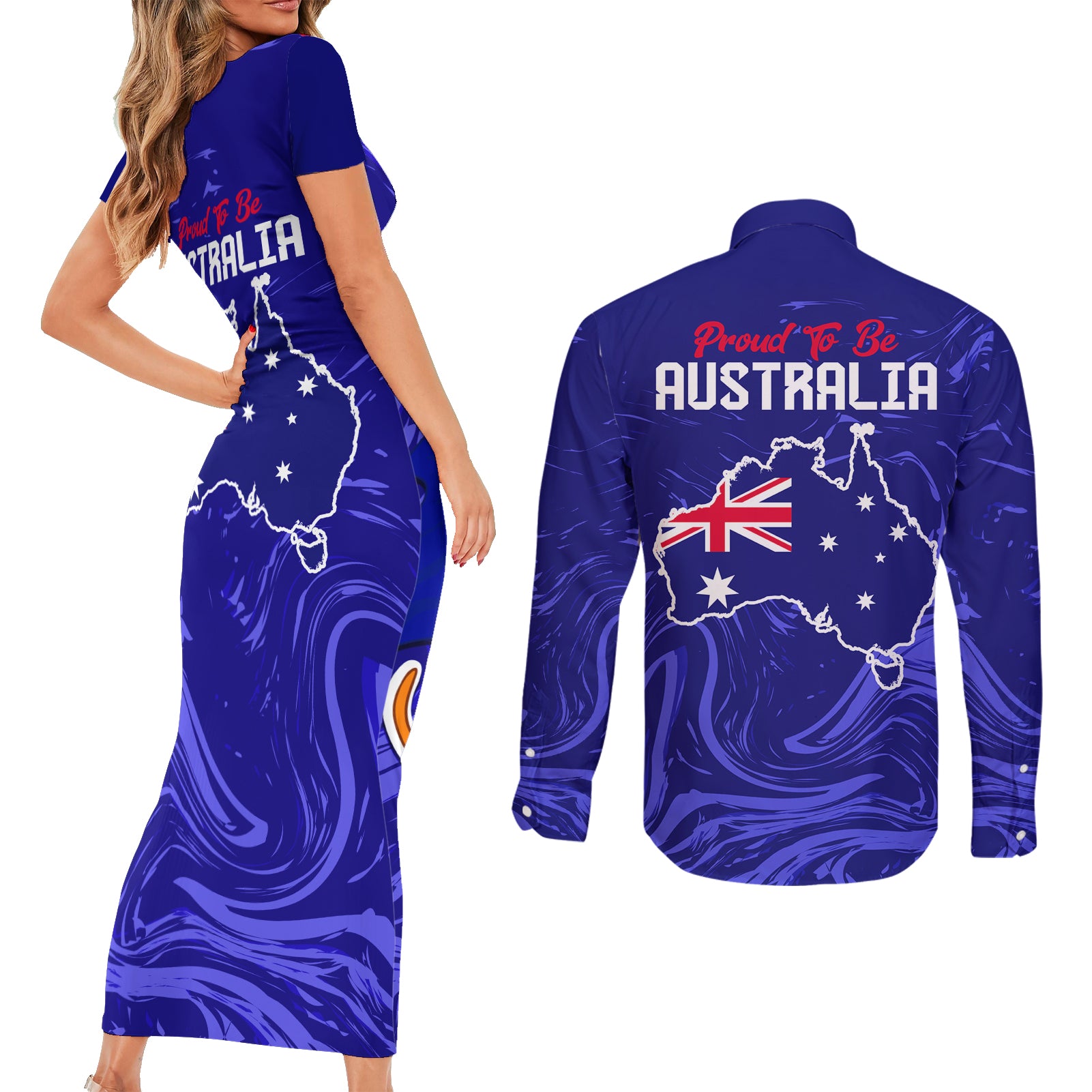 Proud To Be Australia Day Couples Matching Short Sleeve Bodycon Dress and Long Sleeve Button Shirt Kangaroo with Flag Color