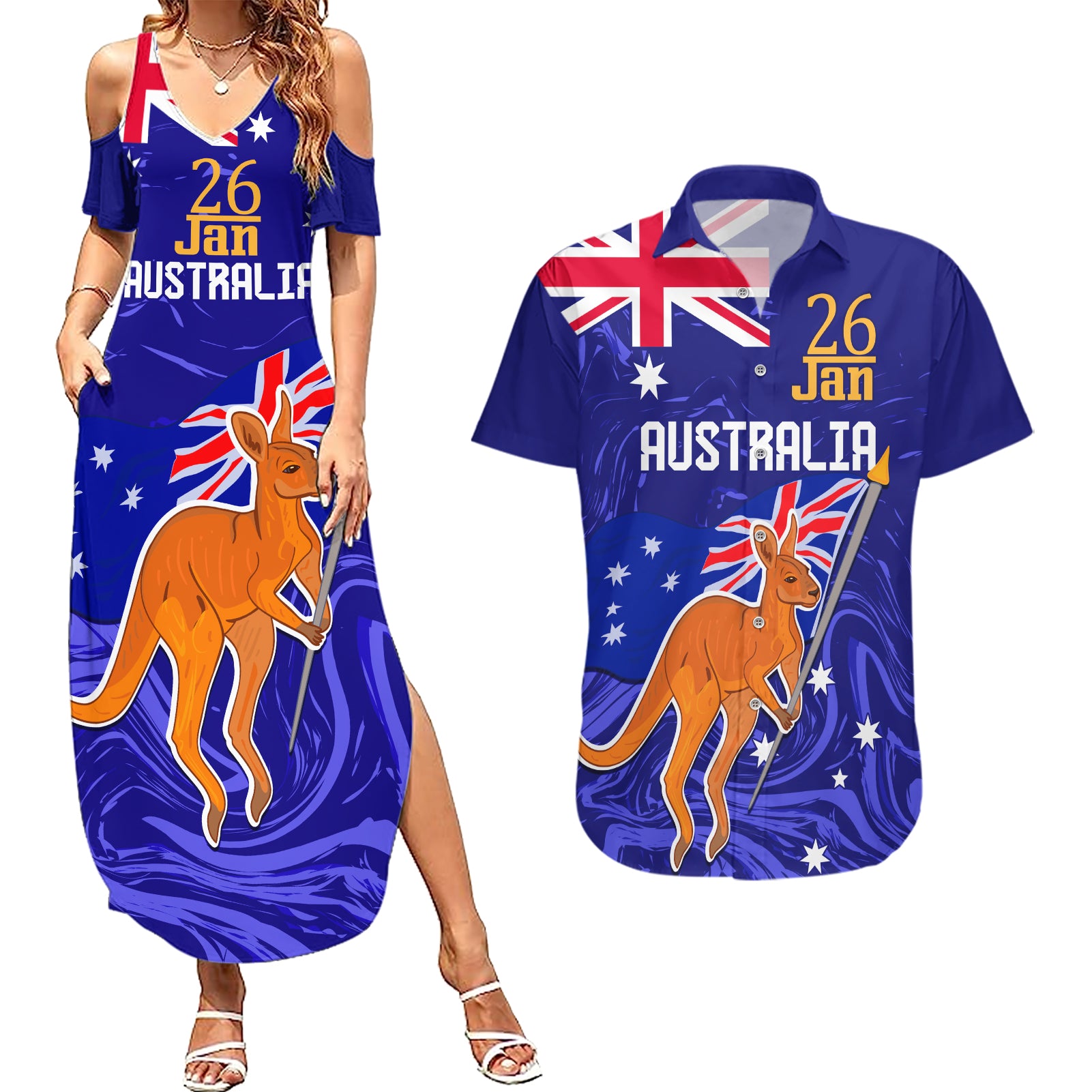 Proud To Be Australia Day Couples Matching Summer Maxi Dress and Hawaiian Shirt Kangaroo with Flag Color