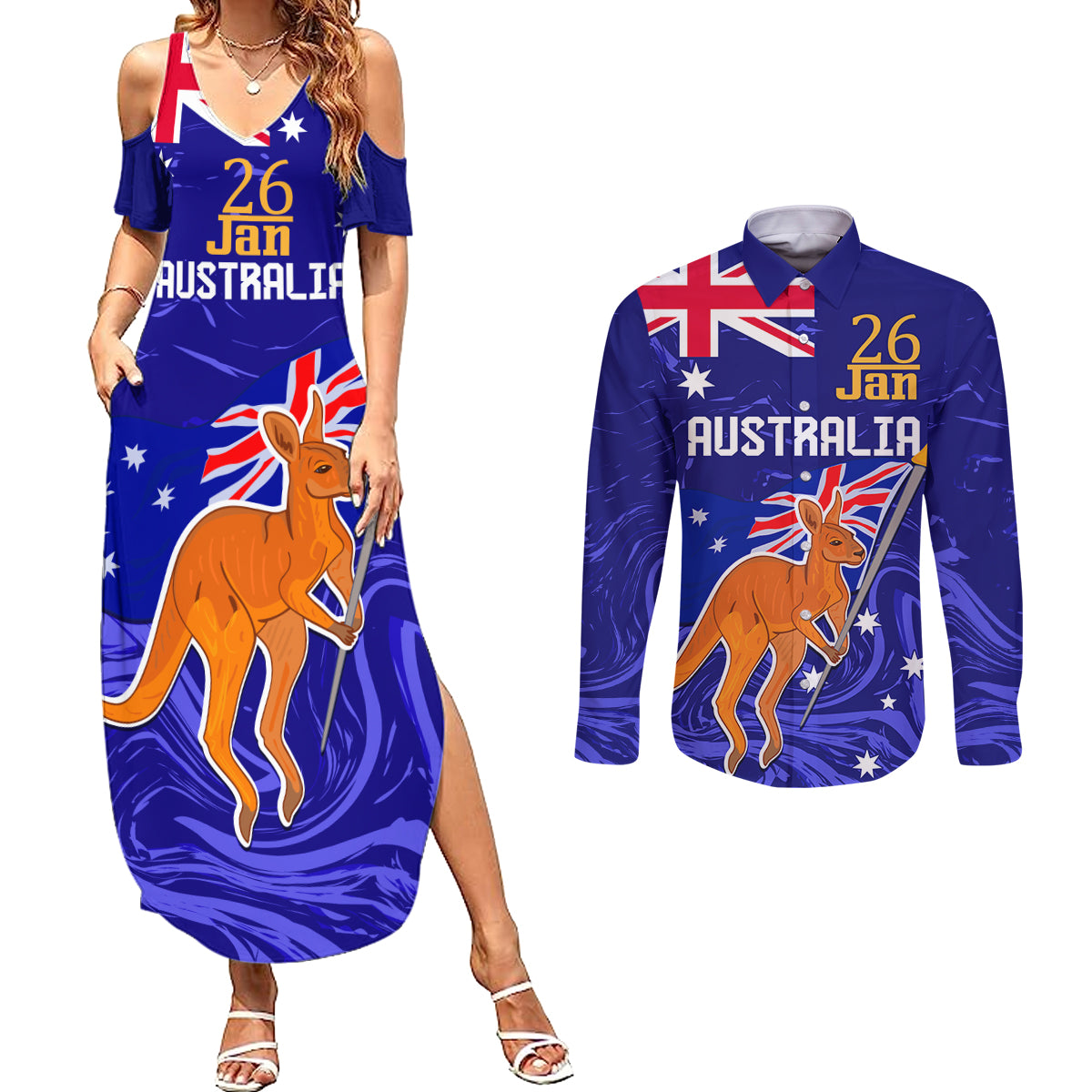 Proud To Be Australia Day Couples Matching Summer Maxi Dress and Long Sleeve Button Shirt Kangaroo with Flag Color