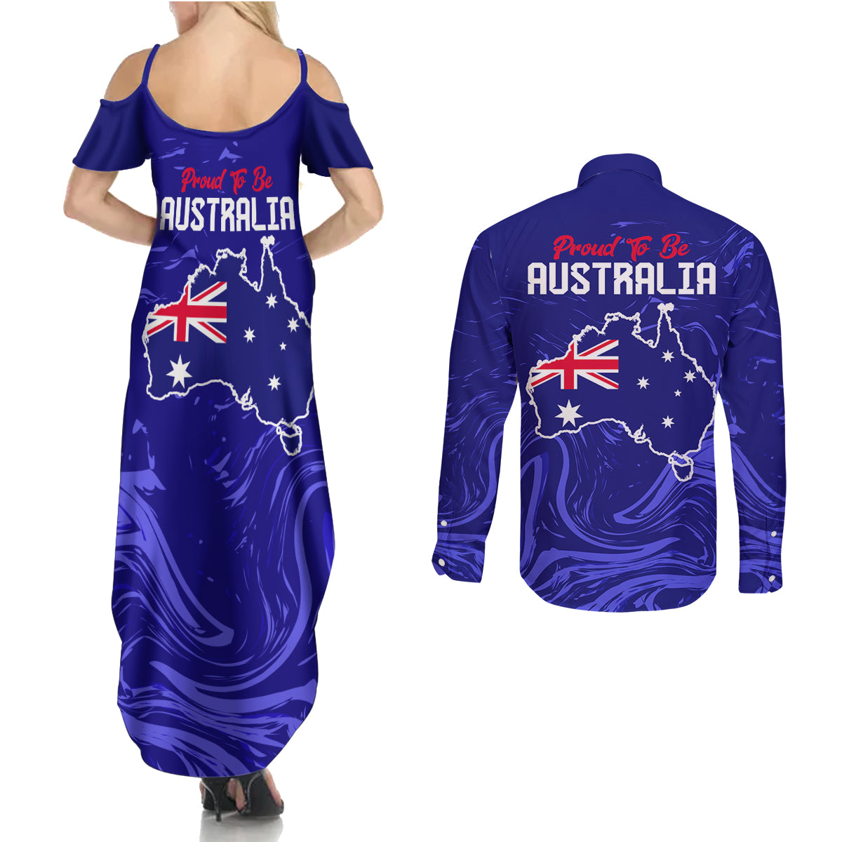 Proud To Be Australia Day Couples Matching Summer Maxi Dress and Long Sleeve Button Shirt Kangaroo with Flag Color