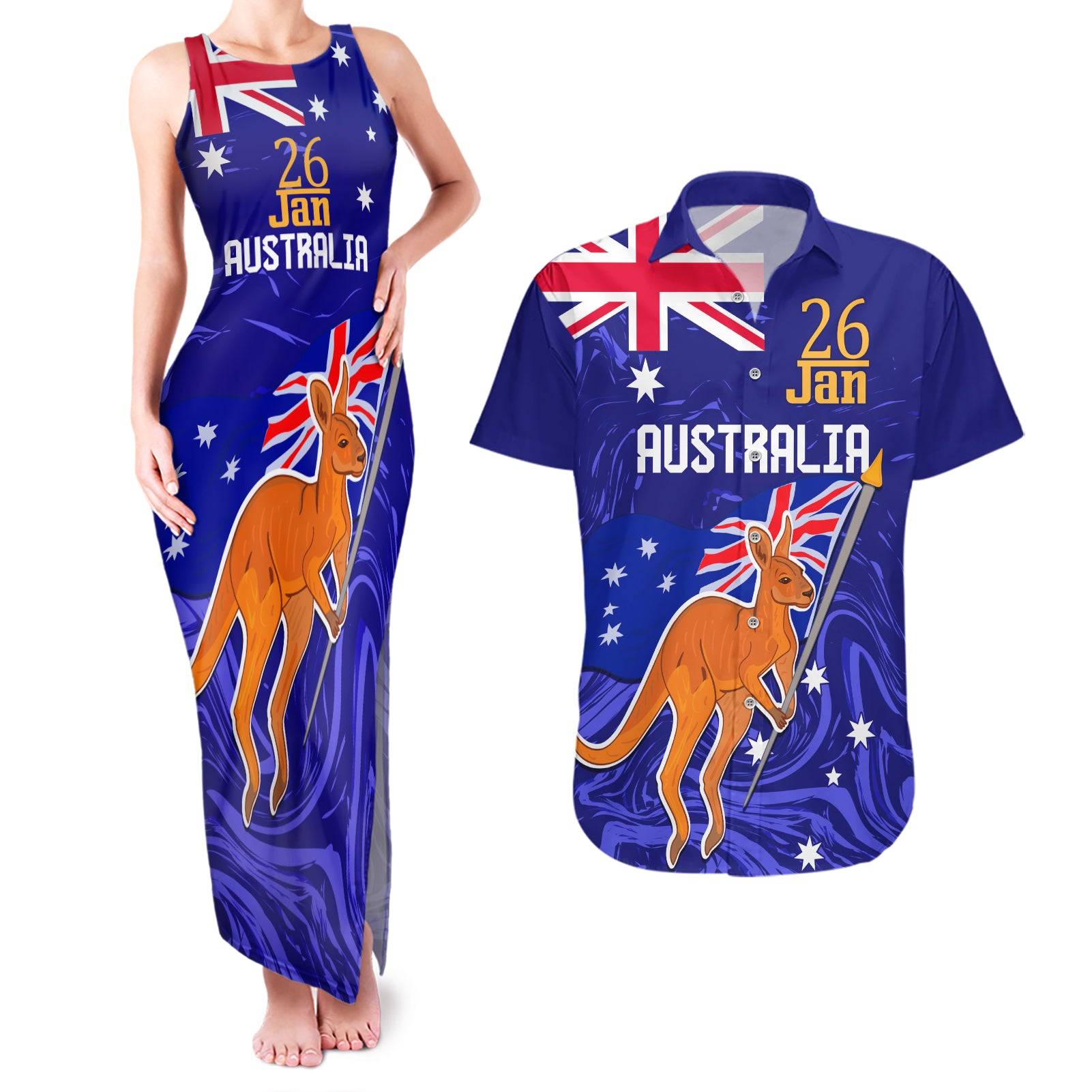 Proud To Be Australia Day Couples Matching Tank Maxi Dress and Hawaiian Shirt Kangaroo with Flag Color