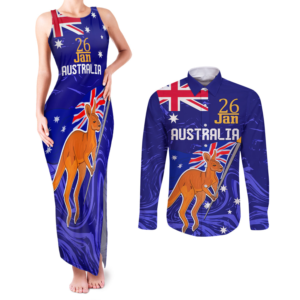 Proud To Be Australia Day Couples Matching Tank Maxi Dress and Long Sleeve Button Shirt Kangaroo with Flag Color