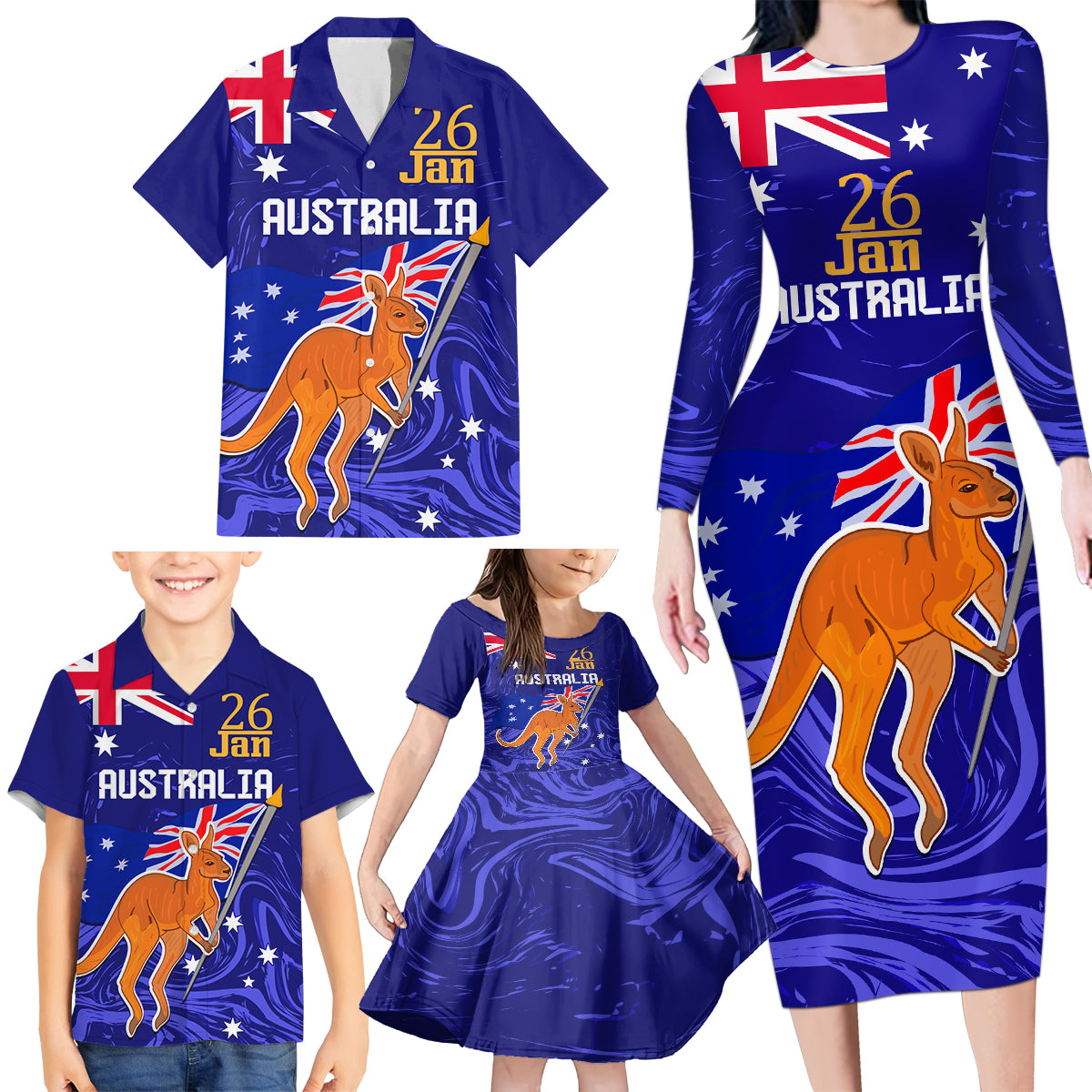 Proud To Be Australia Day Family Matching Long Sleeve Bodycon Dress and Hawaiian Shirt Kangaroo with Flag Color