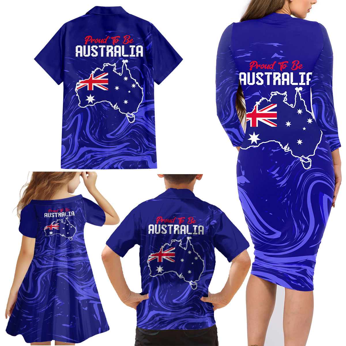 Proud To Be Australia Day Family Matching Long Sleeve Bodycon Dress and Hawaiian Shirt Kangaroo with Flag Color