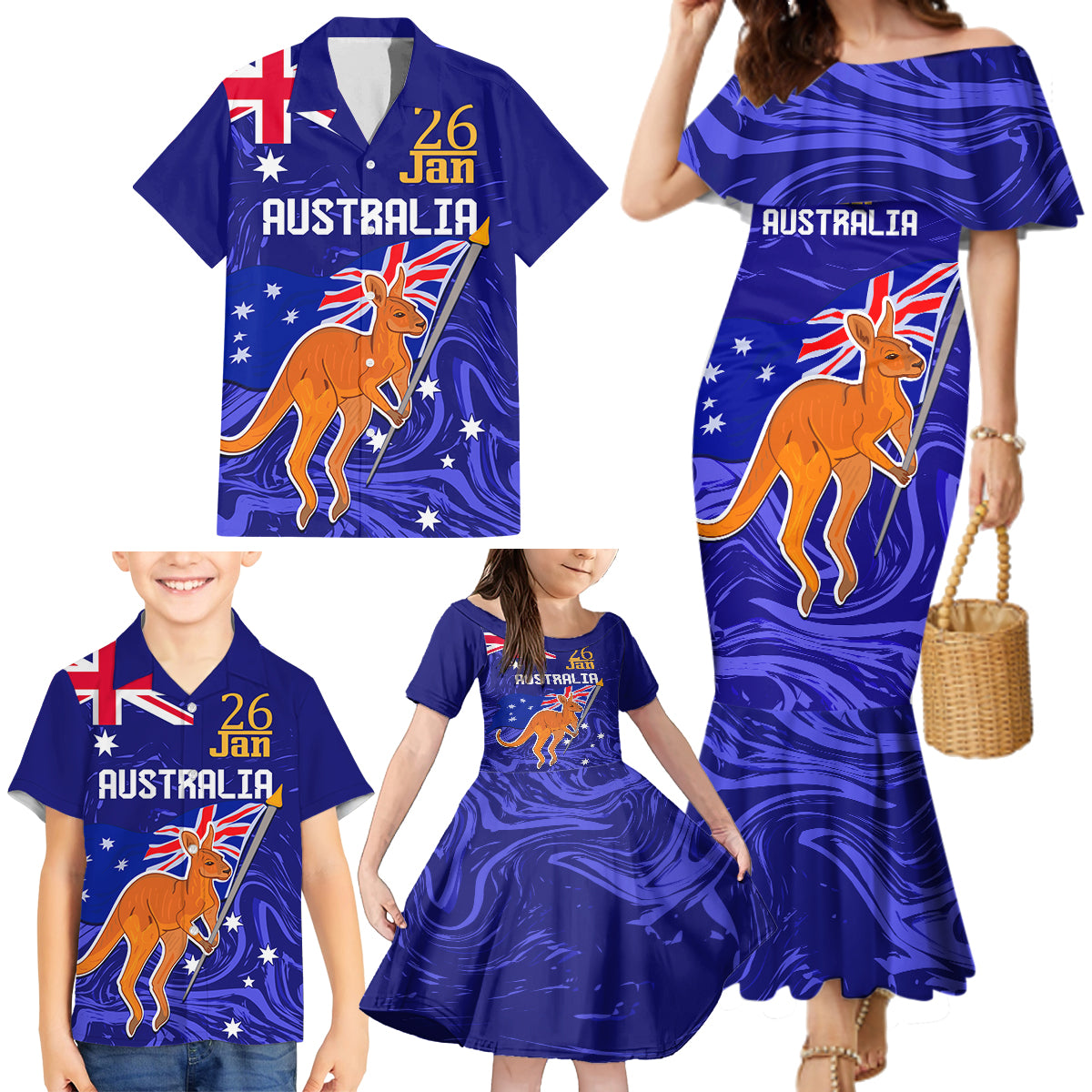 Proud To Be Australia Day Family Matching Mermaid Dress and Hawaiian Shirt Kangaroo with Flag Color