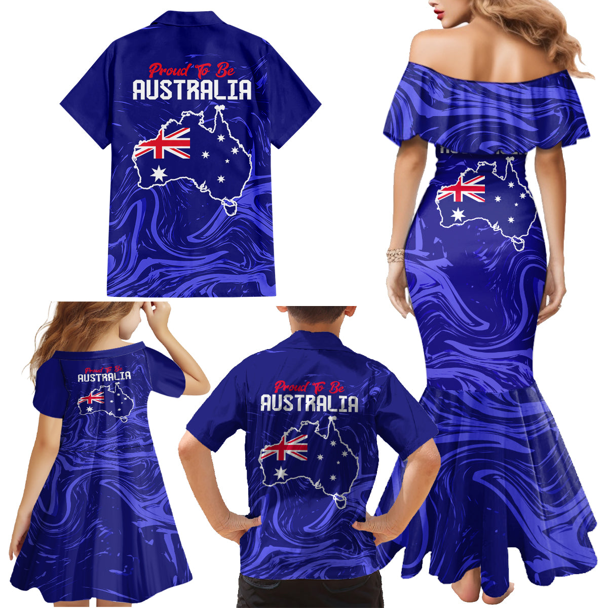 Proud To Be Australia Day Family Matching Mermaid Dress and Hawaiian Shirt Kangaroo with Flag Color