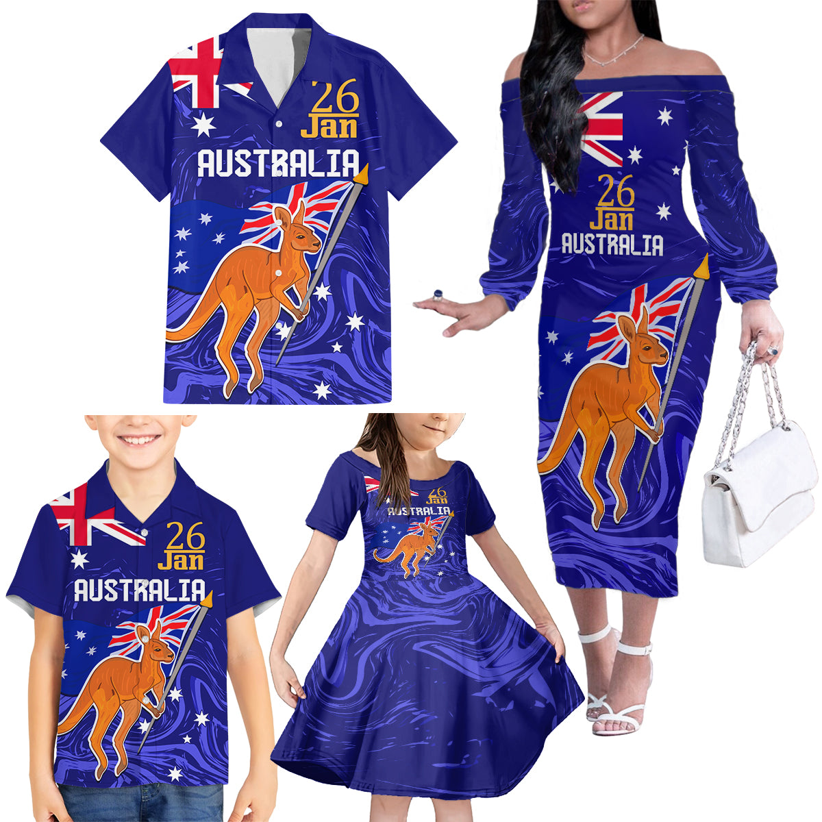 Proud To Be Australia Day Family Matching Off Shoulder Long Sleeve Dress and Hawaiian Shirt Kangaroo with Flag Color