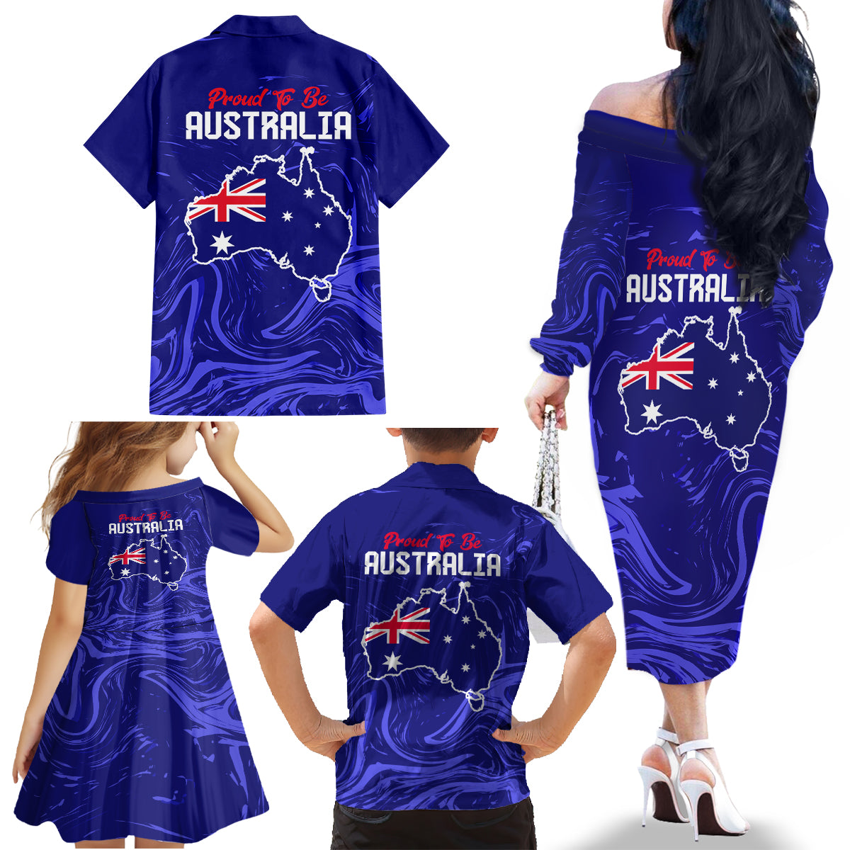 Proud To Be Australia Day Family Matching Off Shoulder Long Sleeve Dress and Hawaiian Shirt Kangaroo with Flag Color