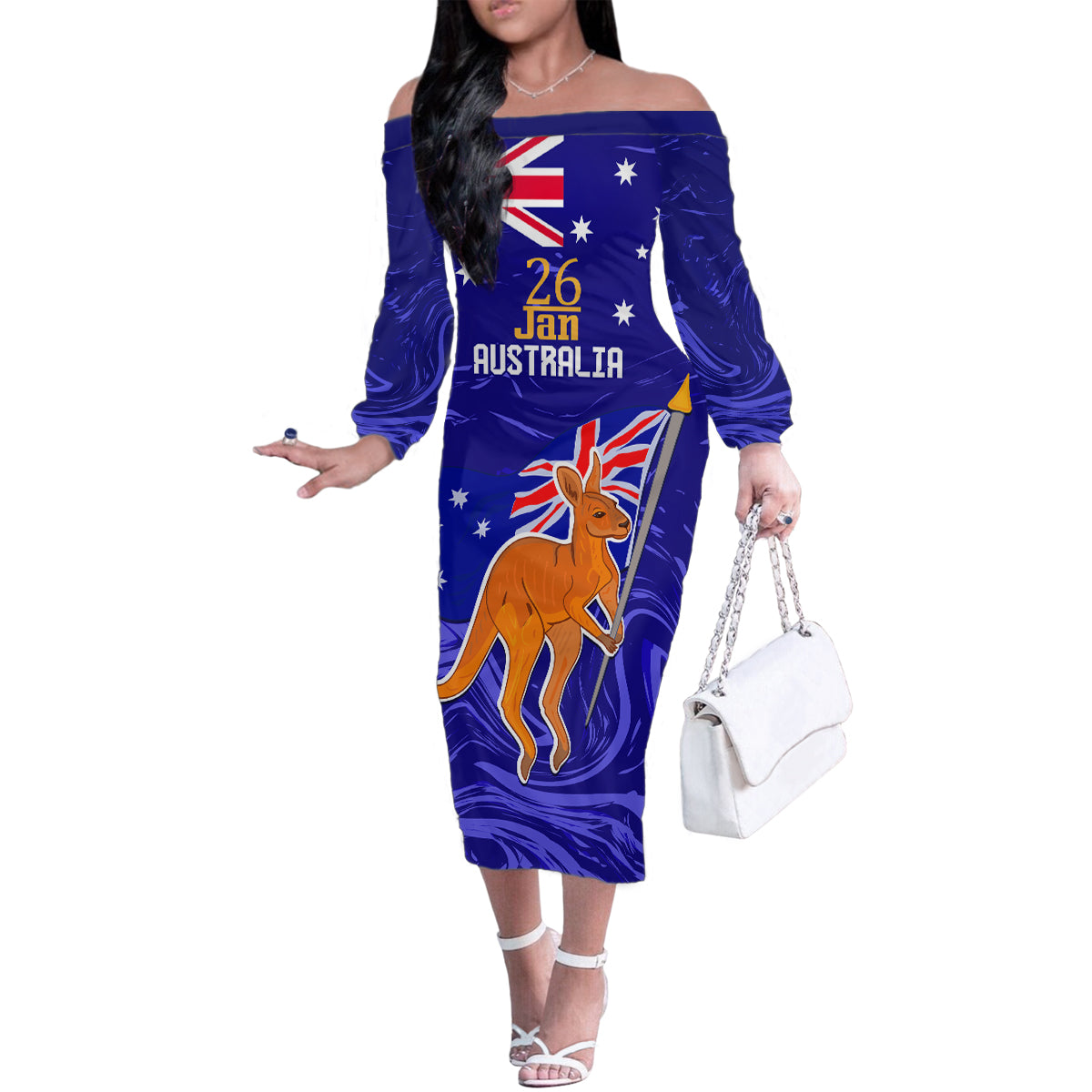 Proud To Be Australia Day Family Matching Off Shoulder Long Sleeve Dress and Hawaiian Shirt Kangaroo with Flag Color