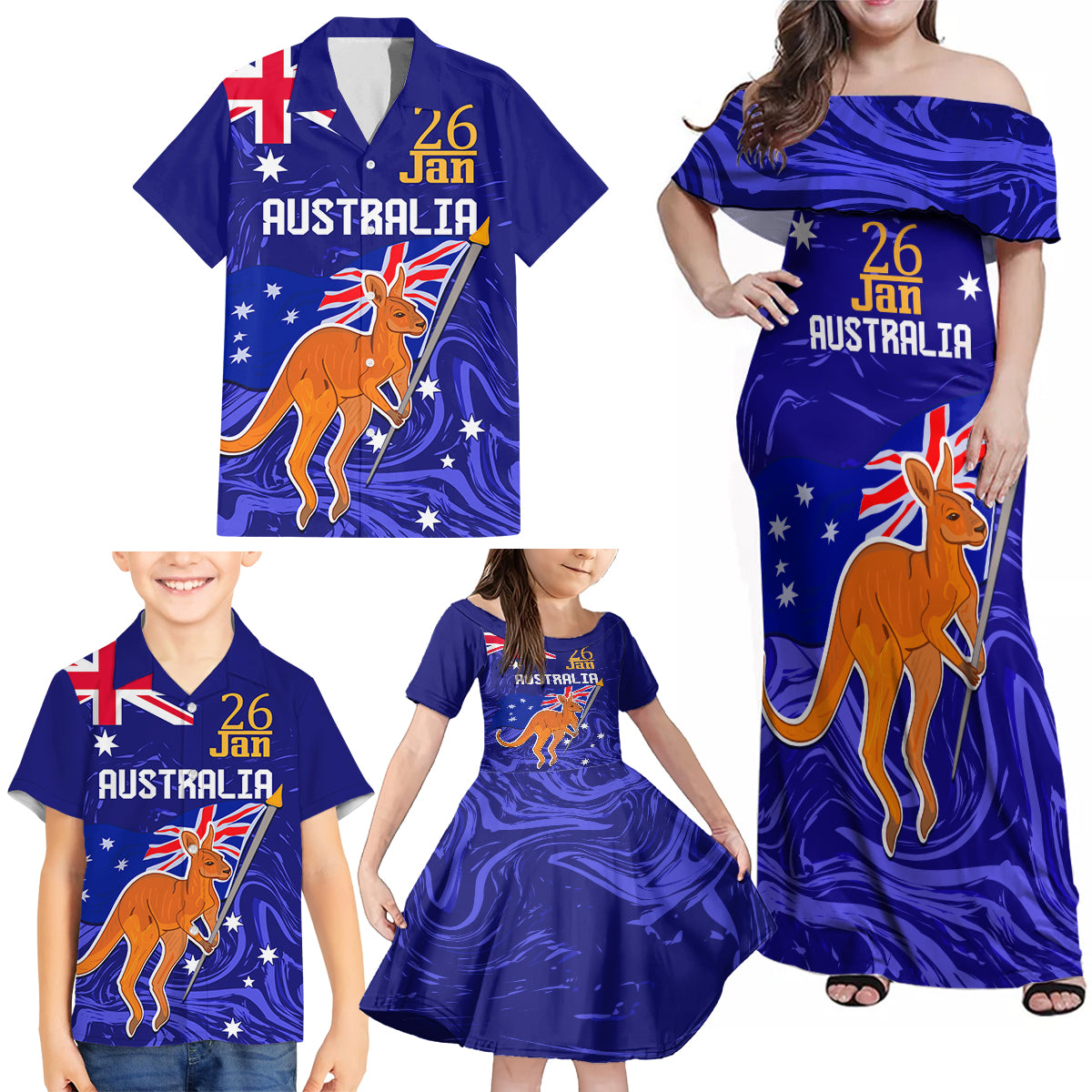 Proud To Be Australia Day Family Matching Off Shoulder Maxi Dress and Hawaiian Shirt Kangaroo with Flag Color