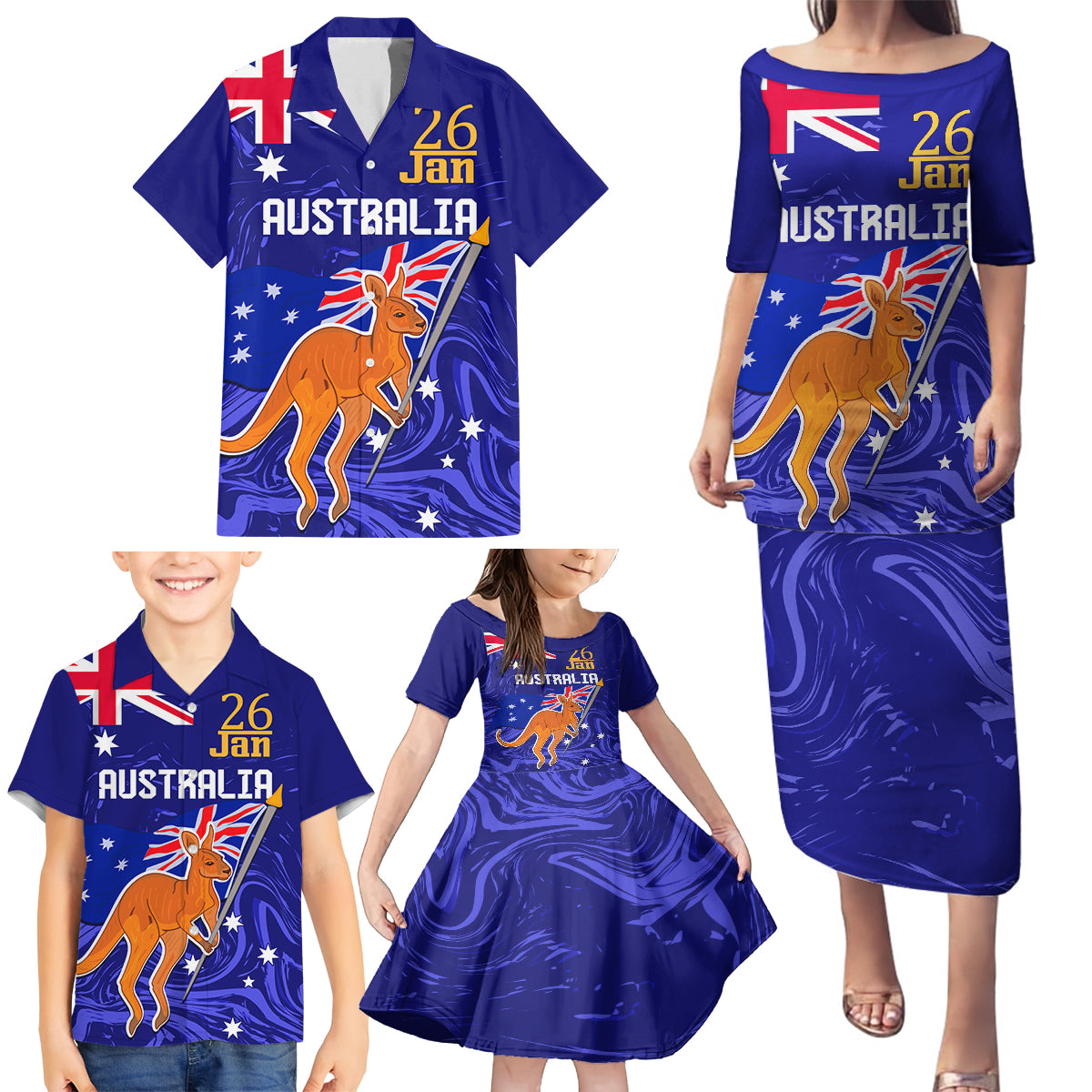 Proud To Be Australia Day Family Matching Puletasi and Hawaiian Shirt Kangaroo with Flag Color