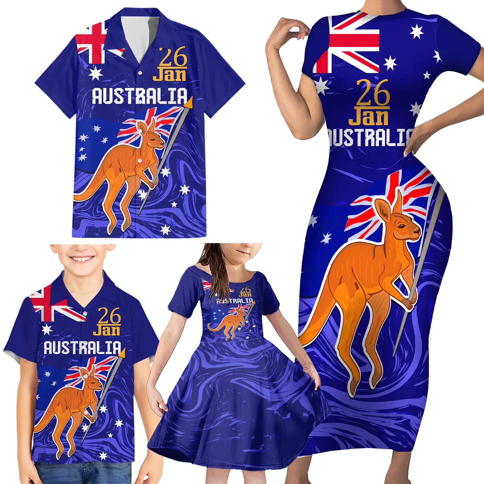 Proud To Be Australia Day Family Matching Short Sleeve Bodycon Dress and Hawaiian Shirt Kangaroo with Flag Color