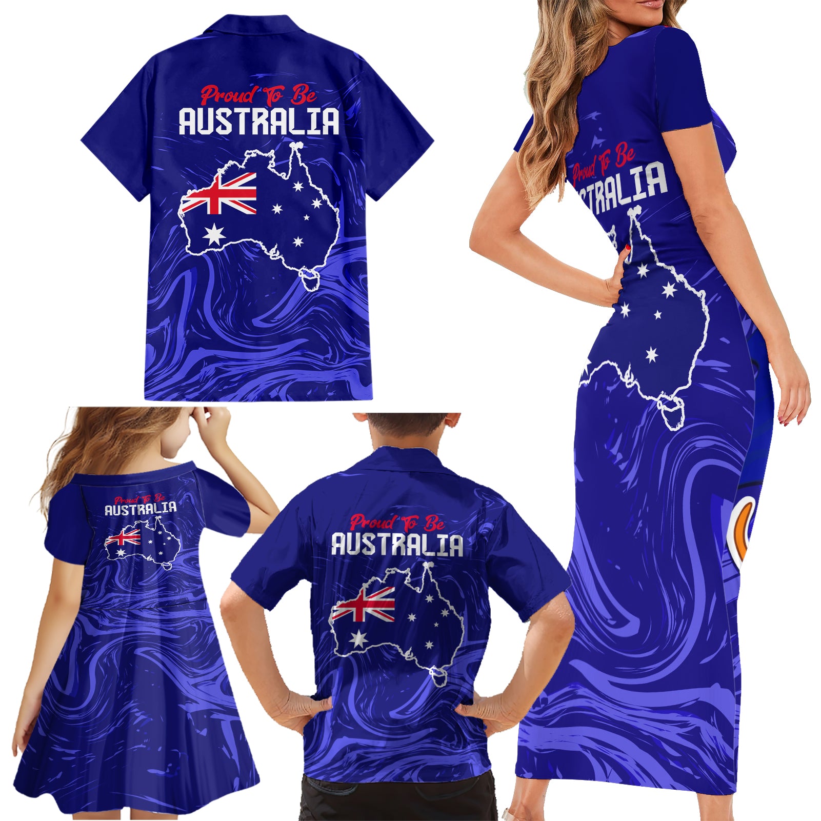 Proud To Be Australia Day Family Matching Short Sleeve Bodycon Dress and Hawaiian Shirt Kangaroo with Flag Color