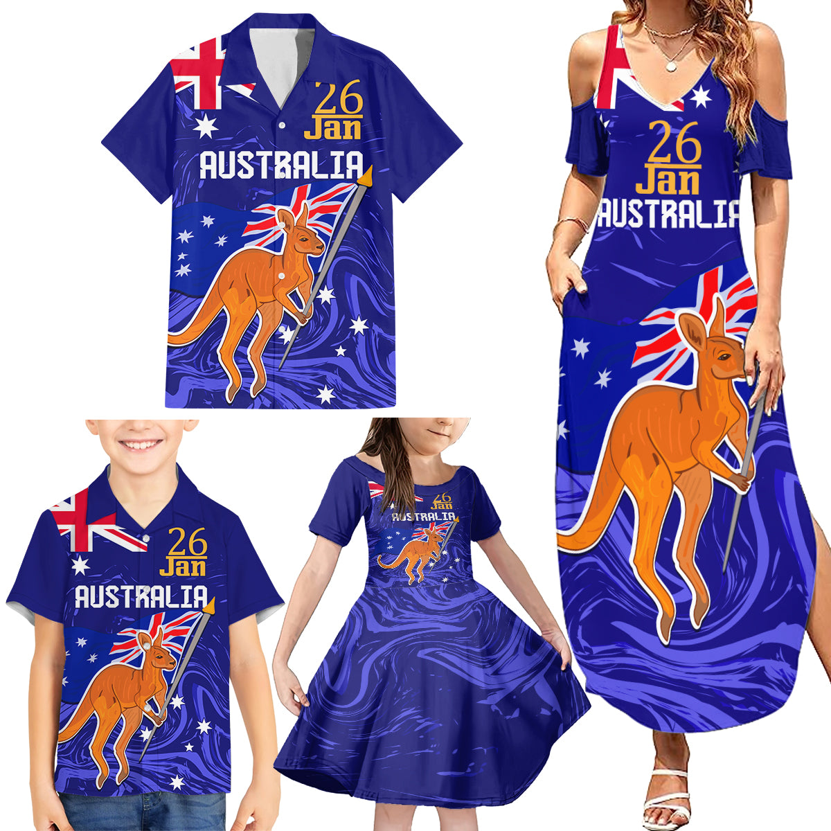 Proud To Be Australia Day Family Matching Summer Maxi Dress and Hawaiian Shirt Kangaroo with Flag Color