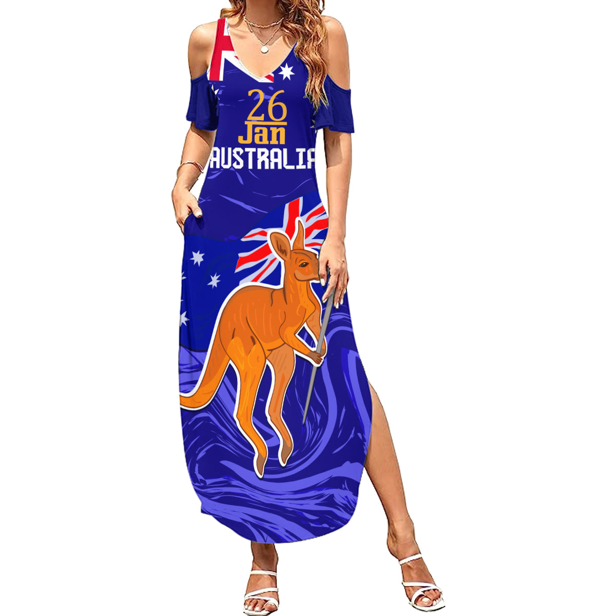 Proud To Be Australia Day Family Matching Summer Maxi Dress and Hawaiian Shirt Kangaroo with Flag Color