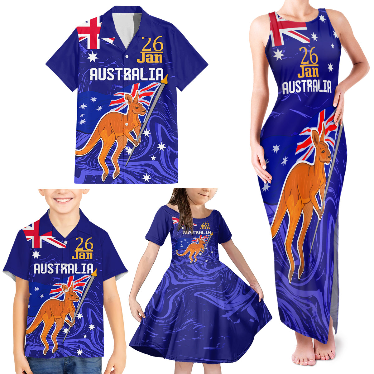 Proud To Be Australia Day Family Matching Tank Maxi Dress and Hawaiian Shirt Kangaroo with Flag Color