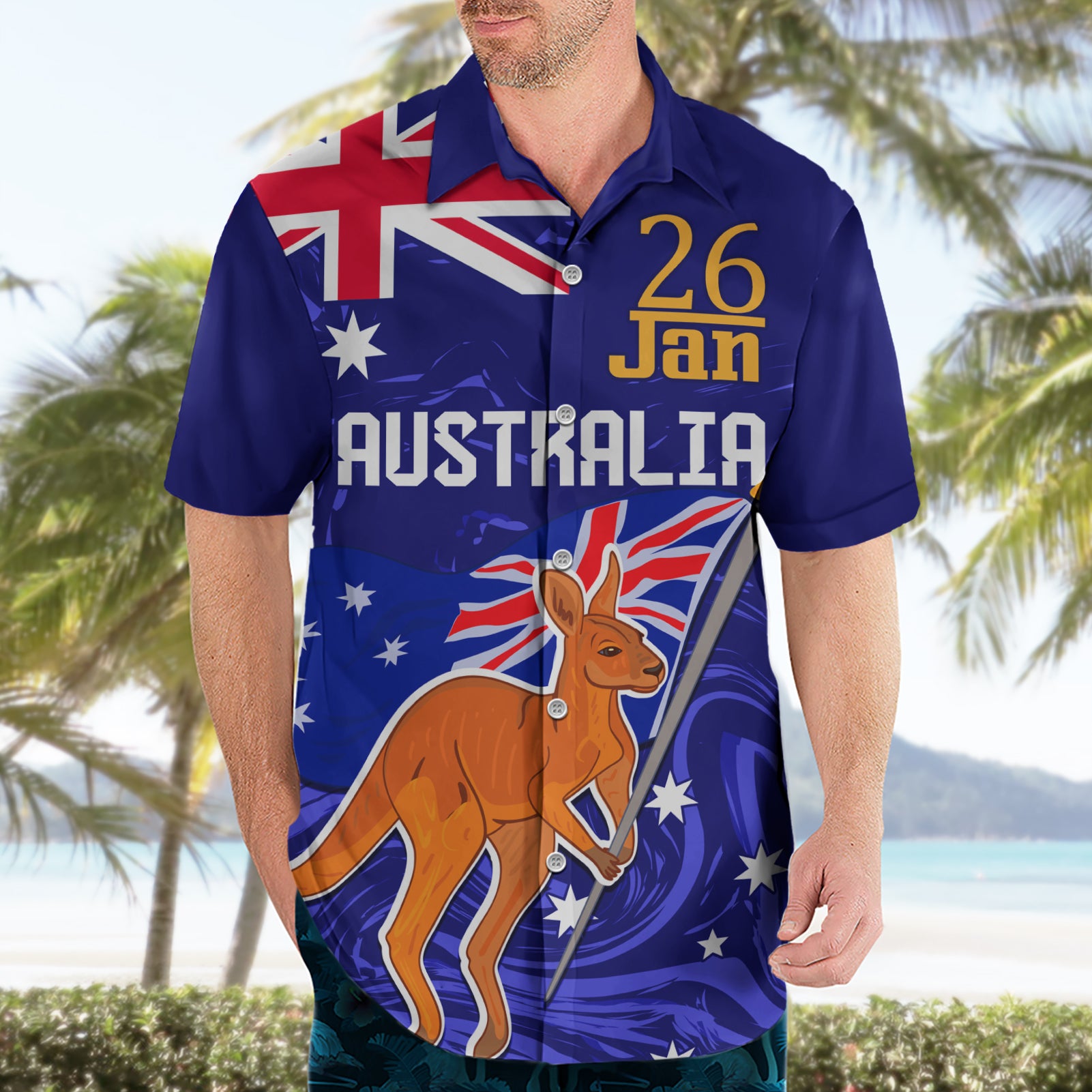 Proud To Be Australia Day Hawaiian Shirt Kangaroo with Flag Color - Vibe Hoodie Shop