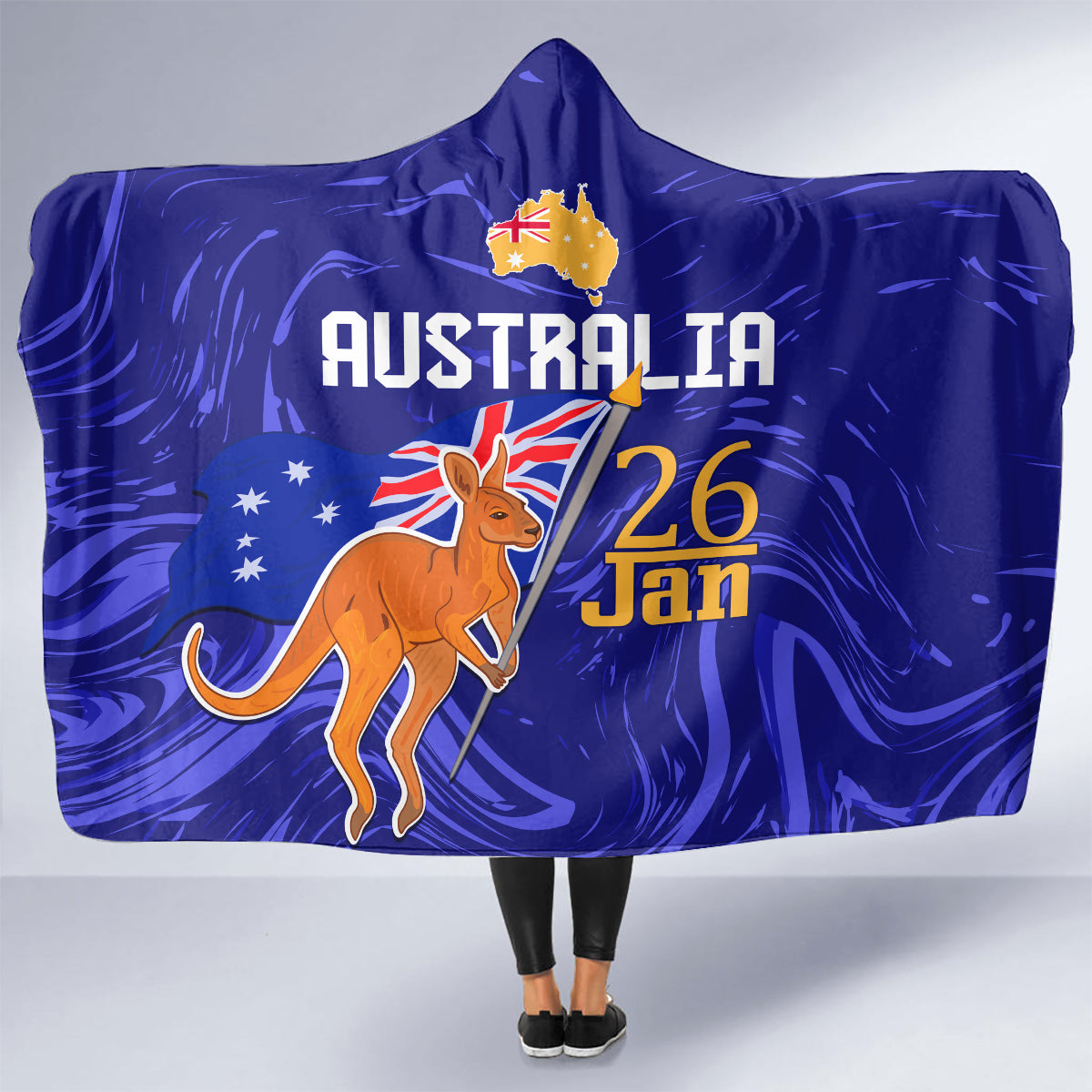 Proud To Be Australia Day Hooded Blanket Kangaroo with Flag Color