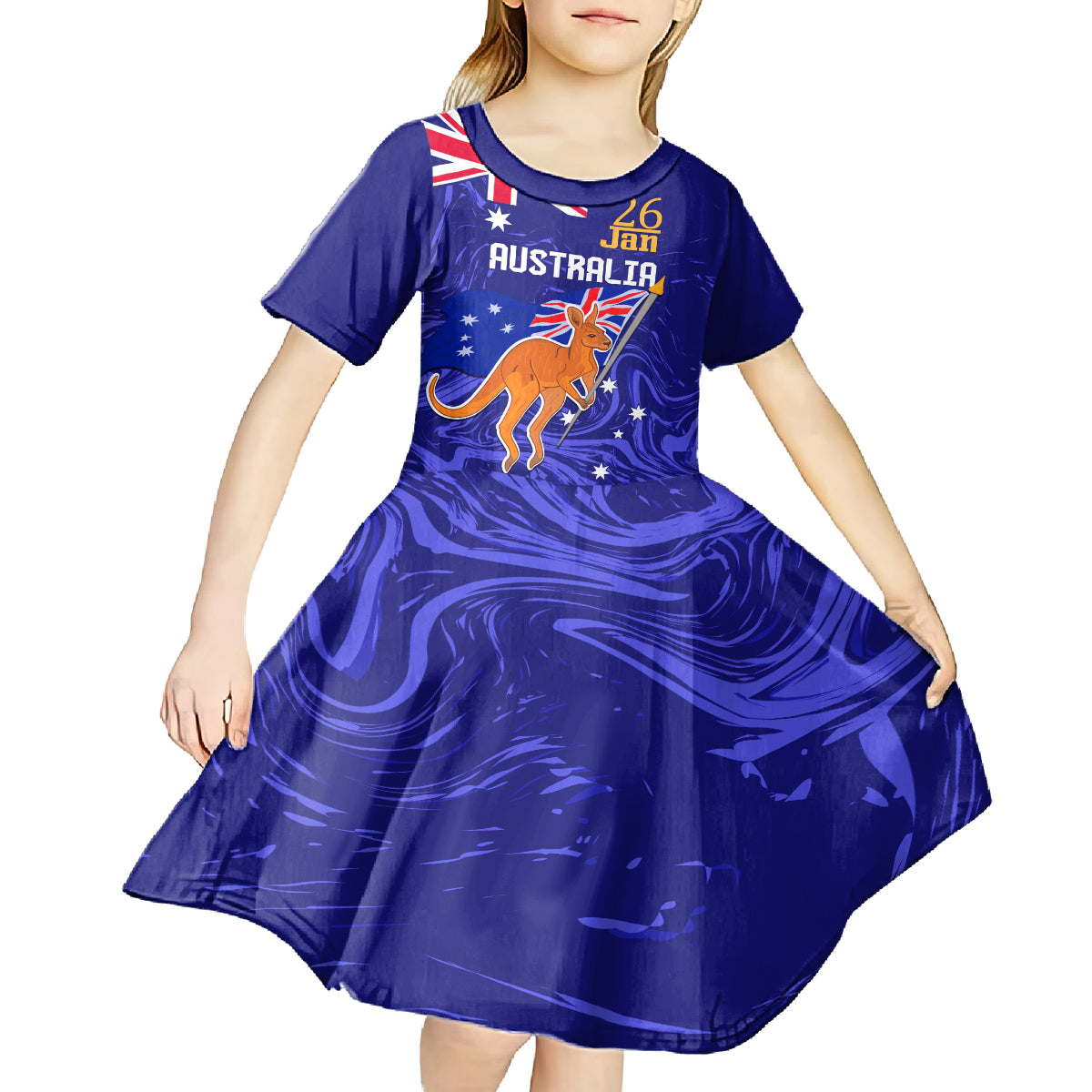 Proud To Be Australia Day Kid Short Sleeve Dress Kangaroo with Flag Color - Vibe Hoodie Shop