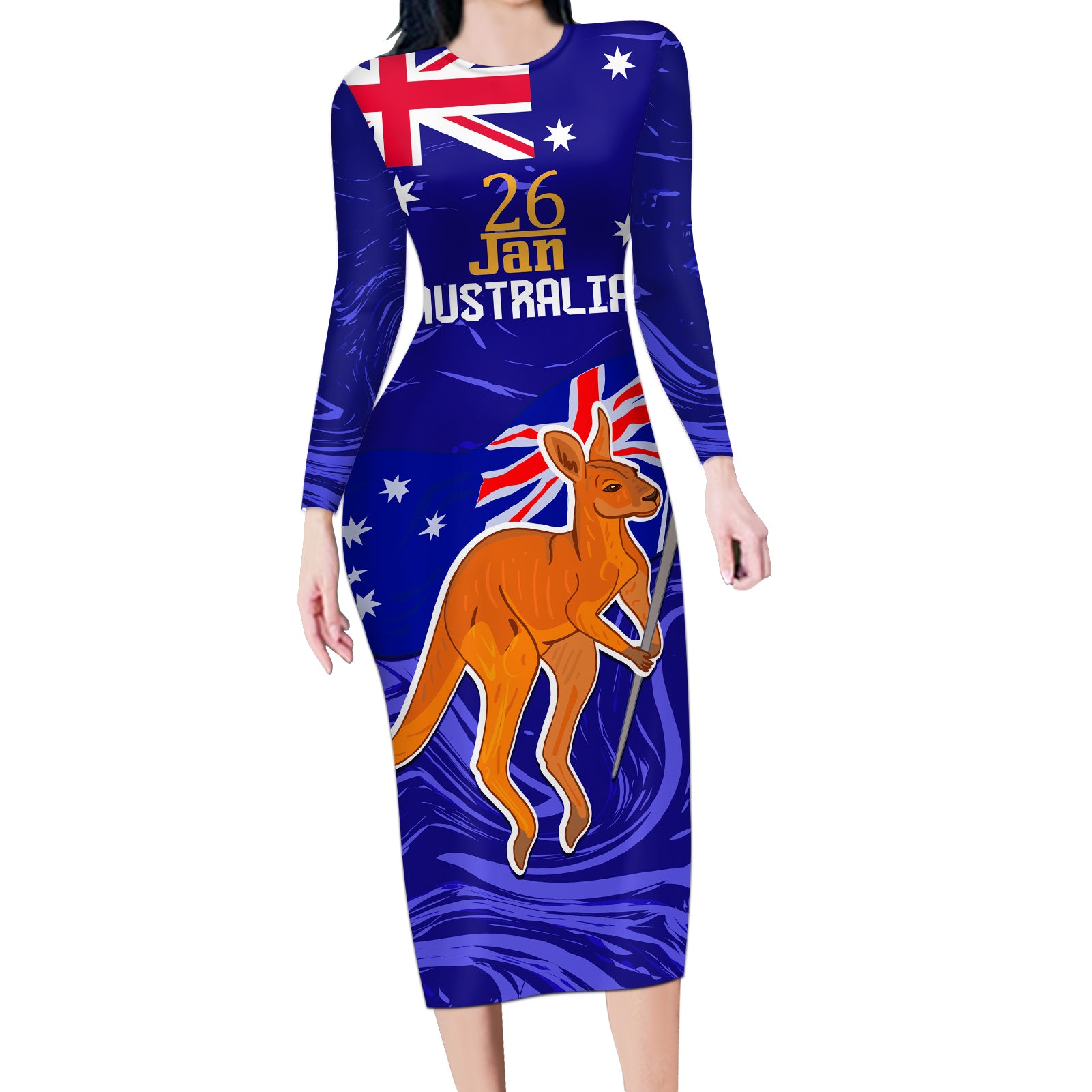 Proud To Be Australia Day Long Sleeve Bodycon Dress Kangaroo with Flag Color