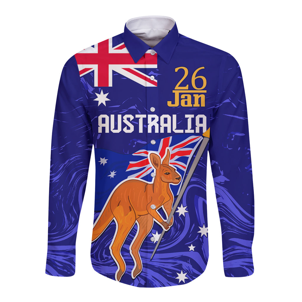 Proud To Be Australia Day Long Sleeve Button Shirt Kangaroo with Flag Color - Vibe Hoodie Shop