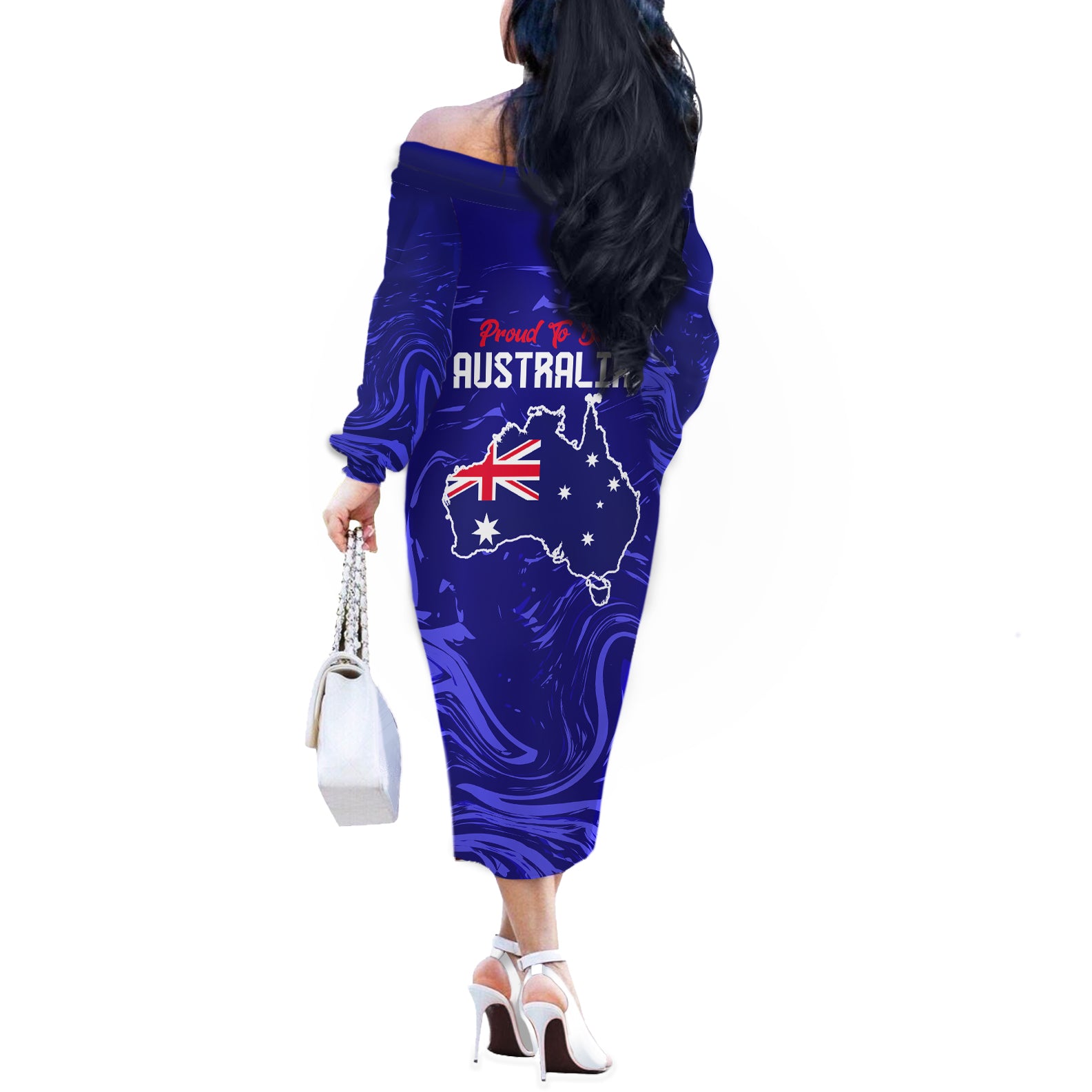 Proud To Be Australia Day Off The Shoulder Long Sleeve Dress Kangaroo with Flag Color