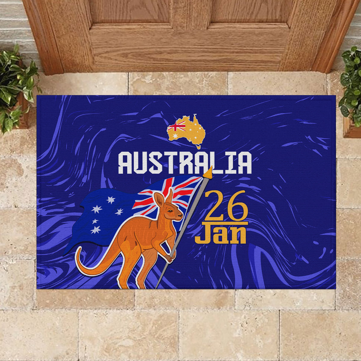 Proud To Be Australia Day Rubber Doormat Kangaroo with Flag Color