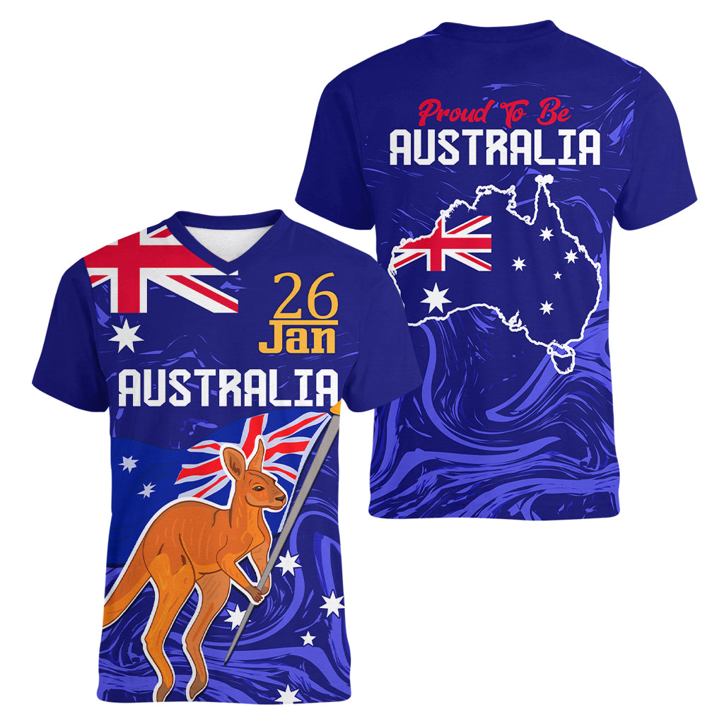 Proud To Be Australia Day Women V Neck T Shirt Kangaroo with Flag Color - Vibe Hoodie Shop