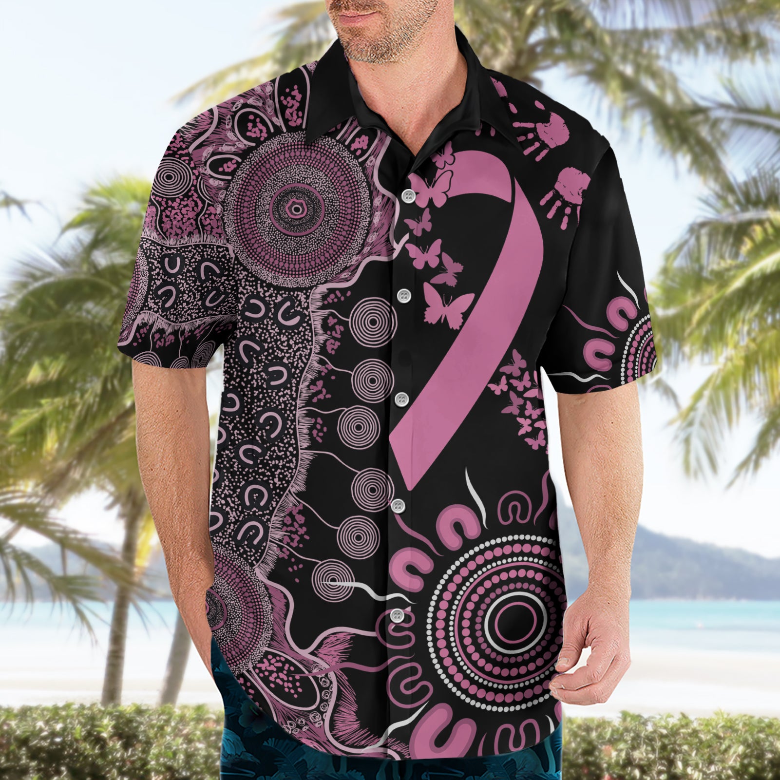 Personalised Aboriginal Ribbons Hawaiian Shirt Beautiful Butterflies Breast Cancer Awareness - Vibe Hoodie Shop