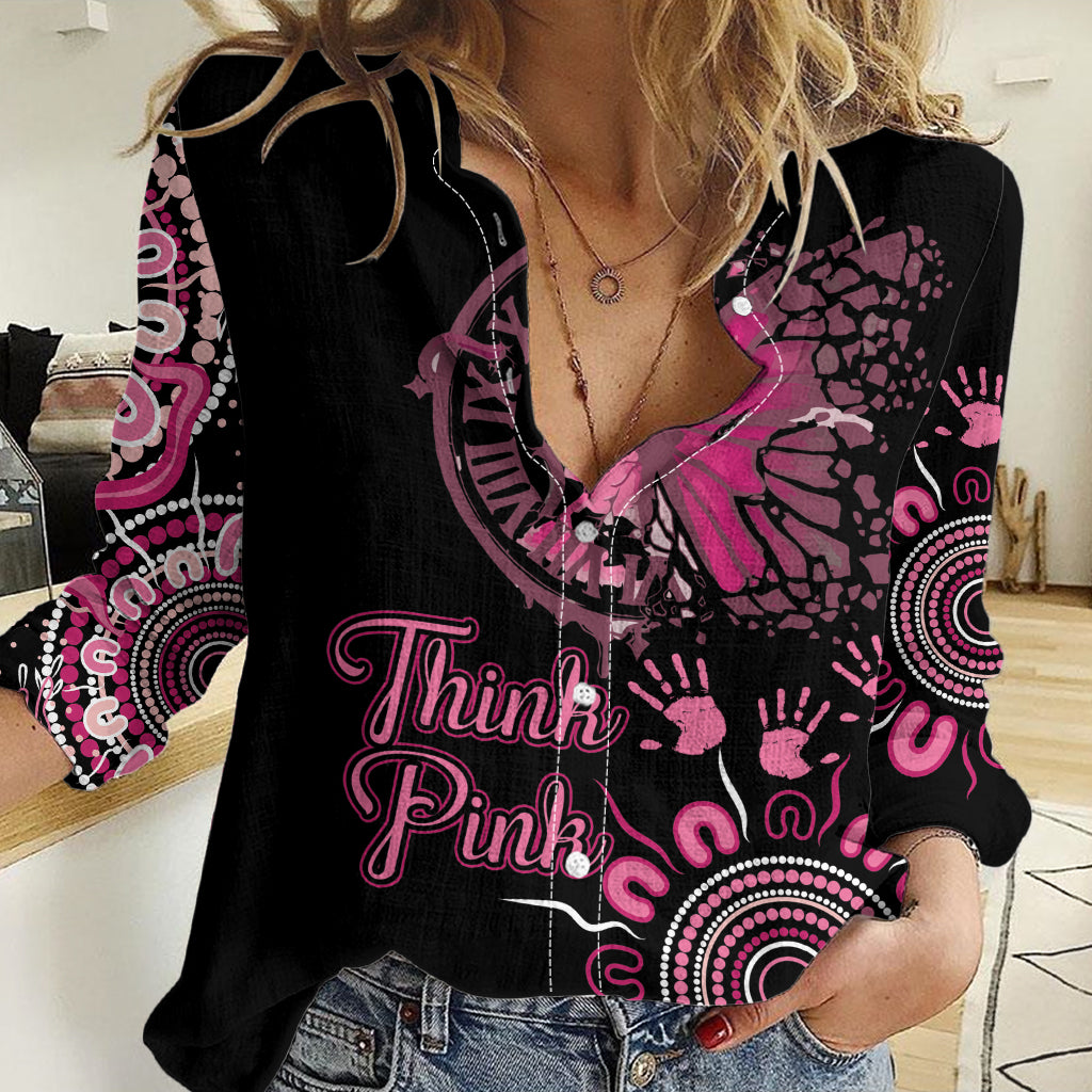 Personalised Aboriginal Ribbons Women Casual Shirt Think Pink Butterfly Art Wall Clock Breast Cancer - Vibe Hoodie Shop