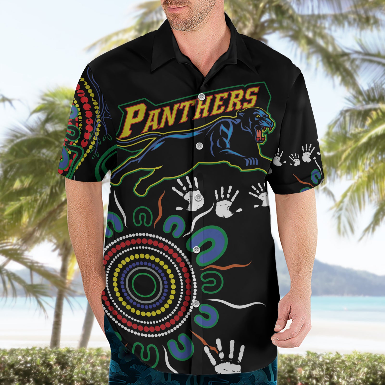 Personalised Panthers Aboriginal Dot Hawaiian Shirt Go the Mighty Panthers - Vibe Hoodie Shop