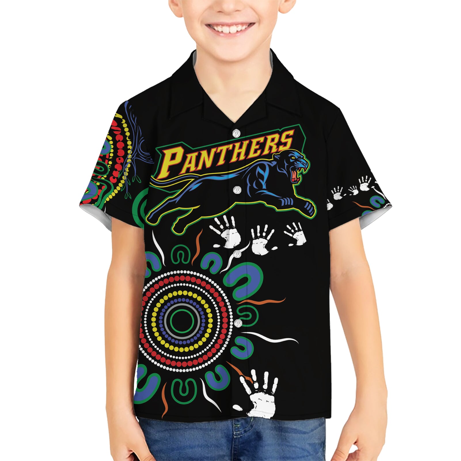 Personalised Panthers Aboriginal Dot Hawaiian Shirt Go the Mighty Panthers - Vibe Hoodie Shop