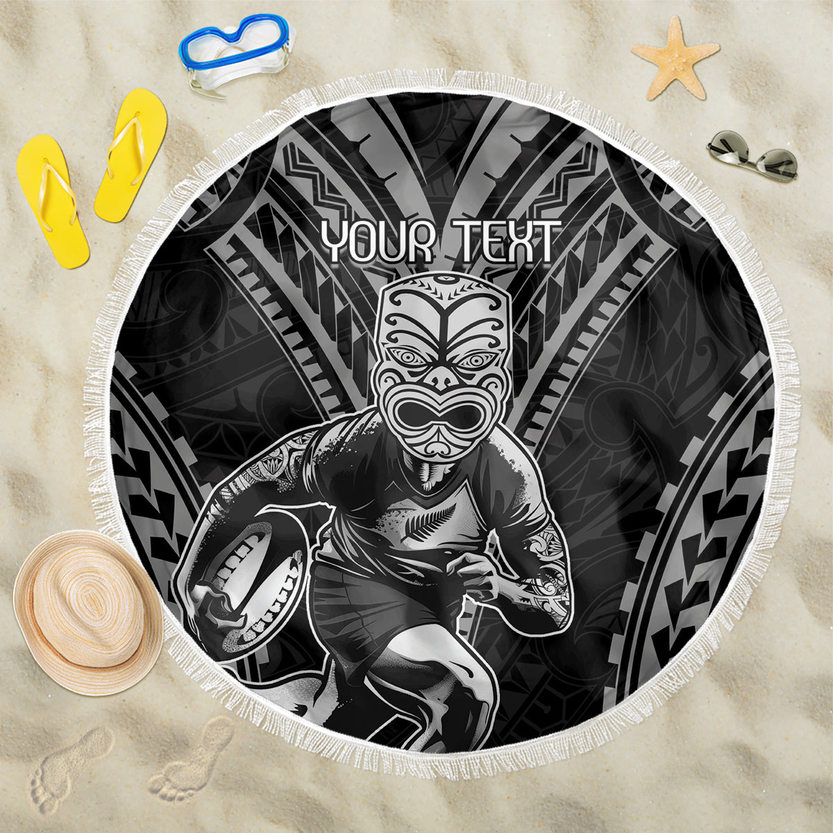 Custom New Zealand Rugby Beach Blanket Maori All Black Warrior Tribal Tattoo