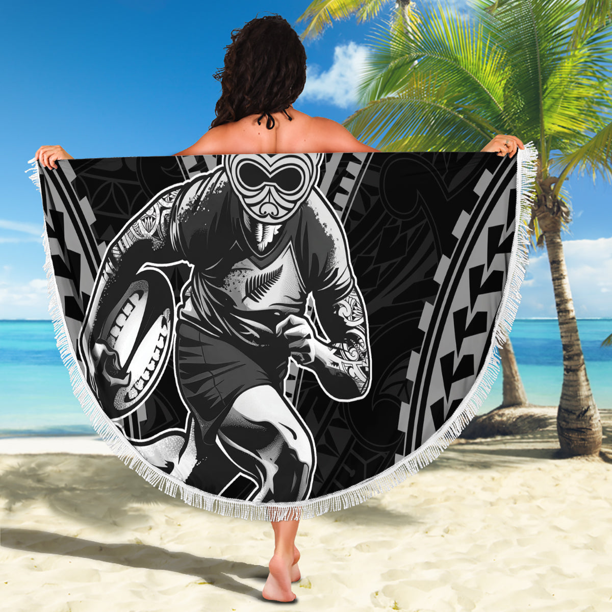 Custom New Zealand Rugby Beach Blanket Maori All Black Warrior Tribal Tattoo