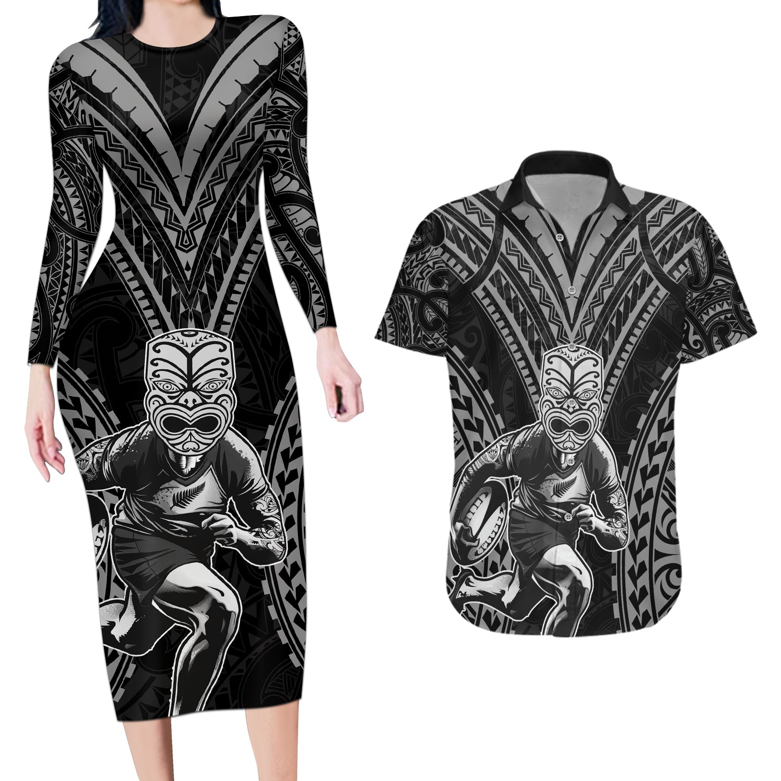 Custom New Zealand Rugby Couples Matching Long Sleeve Bodycon Dress and Hawaiian Shirt Maori All Black Warrior Tribal Tattoo