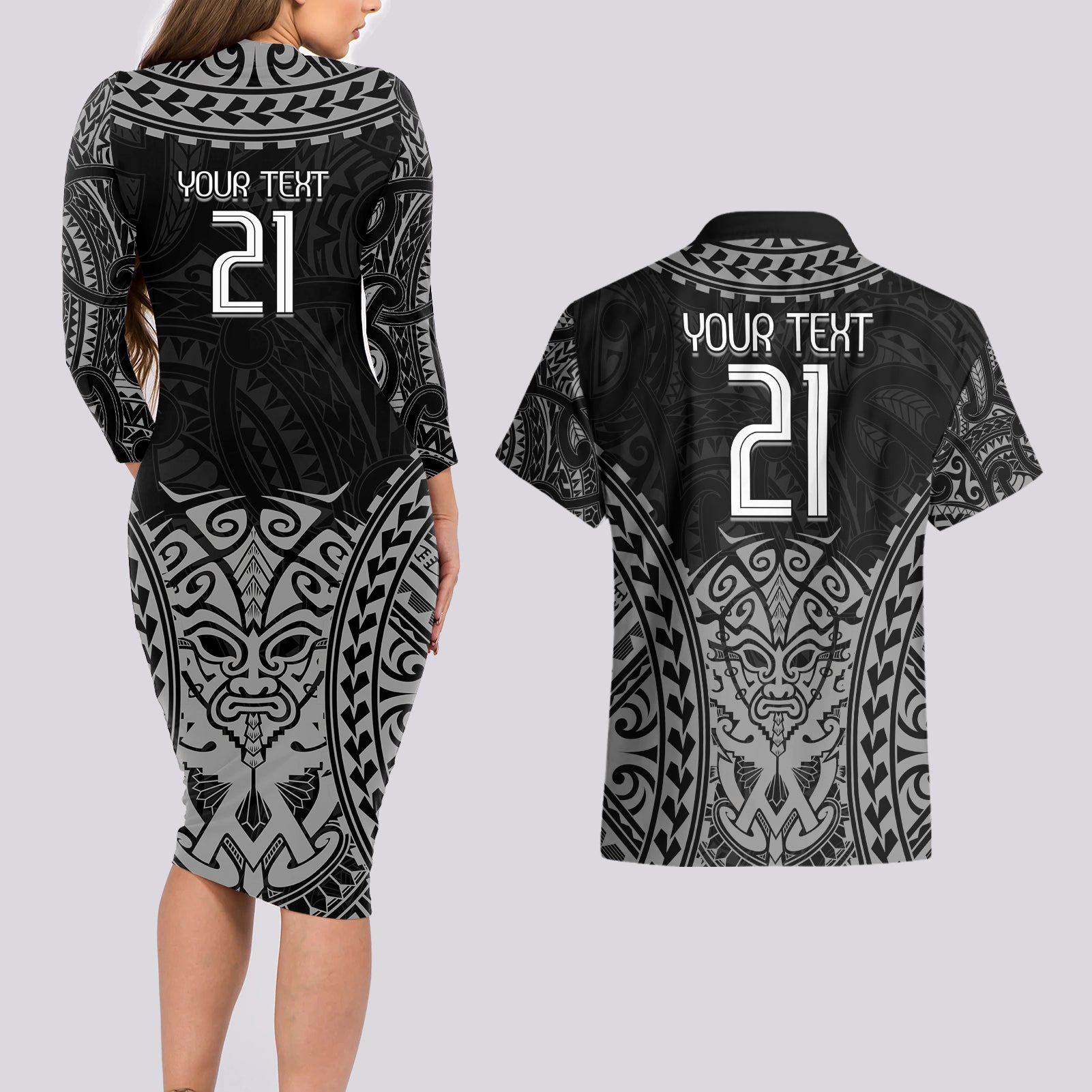 Custom New Zealand Rugby Couples Matching Long Sleeve Bodycon Dress and Hawaiian Shirt Maori All Black Warrior Tribal Tattoo