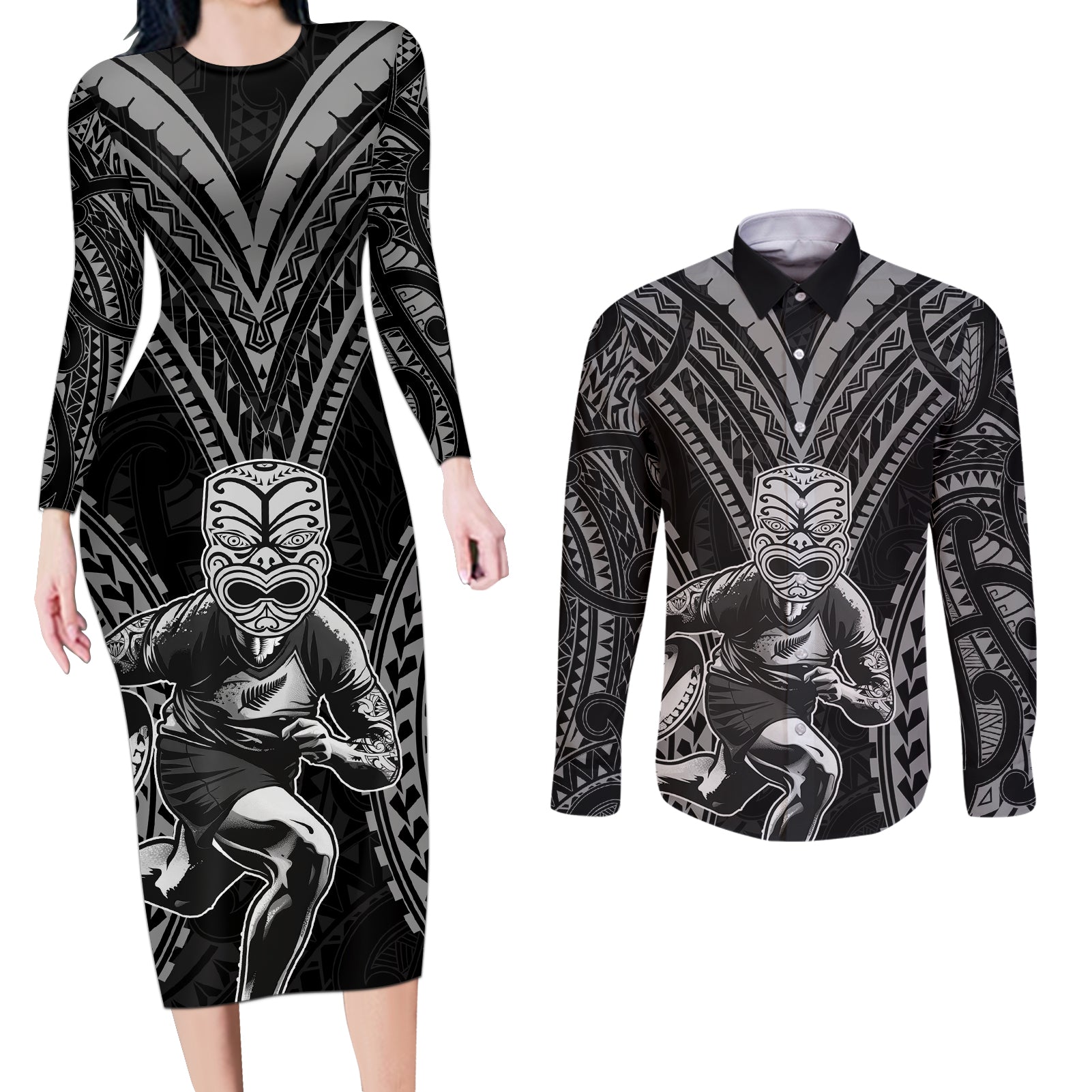 Custom New Zealand Rugby Couples Matching Long Sleeve Bodycon Dress and Long Sleeve Button Shirt Maori All Black Warrior Tribal Tattoo